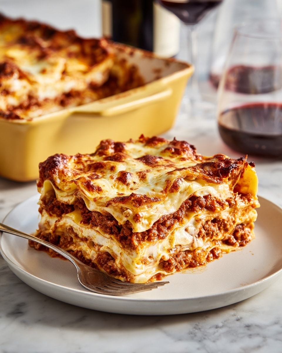 A single piece of lasagna sits on a white plate, showing about six visible layers of pasta, rich red meat sauce, and a creamy white melted cheese topping. The top has a slightly browned, bubbly texture with browned bits of cheese and sauce. Behind the plate, a larger white baking dish with more lasagna, some pieces missing, is visible. The background surface is a white marbled texture. A dark wine bottle and a glass of red wine are blurred in the background. A silver fork rests beside the lasagna on the plate. Photo taken with an iphone --ar 4:5 --v 7