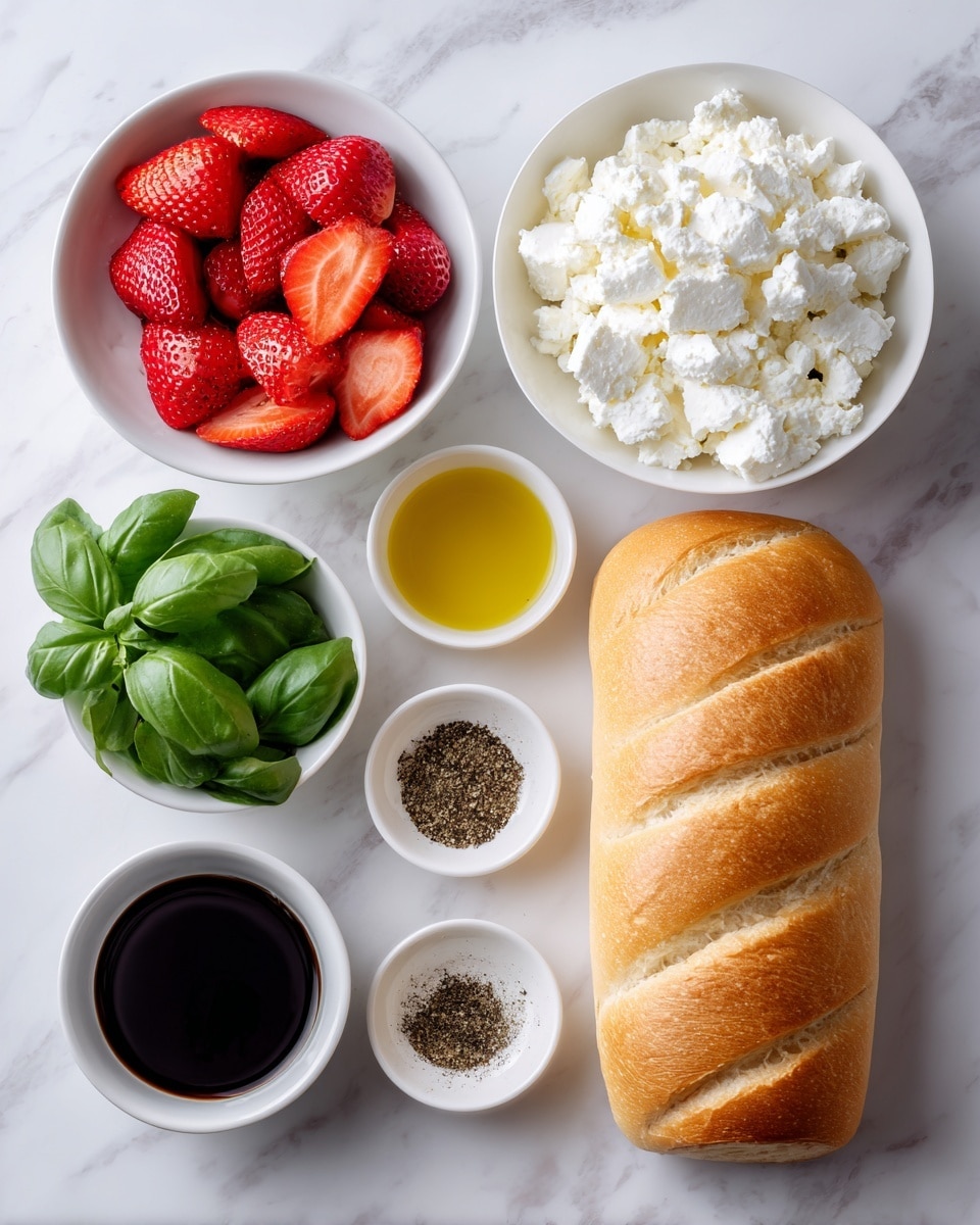 The image shows a white plate with six food items carefully placed on a white marbled surface. On the right side, there is a whole loaf of golden brown bread with four diagonal slashes on top, showing its fluffy inside. To the top right, there is a white bowl full of chunky white cottage cheese that looks soft and fresh. Above the bread on the left side, there is a small white bowl with smooth, shiny deep yellow olive oil. Below it, on the left, a white bowl holds bright red, sliced strawberries with a juicy and fresh look. Below the strawberries, there are dark green fresh basil leaves grouped together. In the center bottom left of the plate, there is a small white bowl holding a mix of black pepper and salt in a neat pile. On the bottom left of the plate, a white bowl contains thick black balsamic vinegar. The background is clean with a white marbled texture. photo taken with an iphone --ar 4:5 --v 7