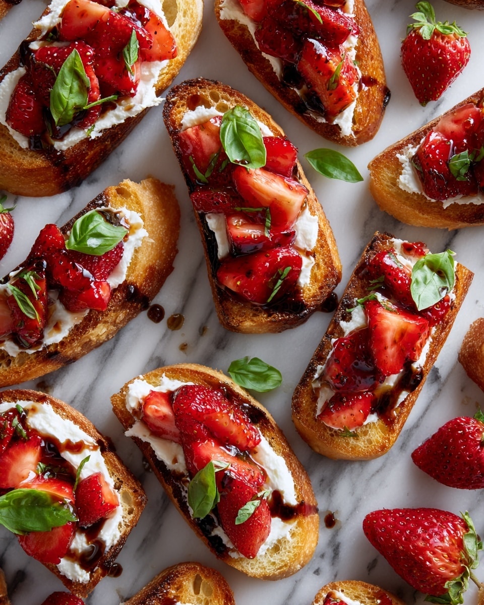 Many small pieces of crispy golden brown toast are spread out on a surface with a white marbled texture. Each toast has one layer of smooth white cream cheese that looks soft and thick. On top of the cream cheese, bright red sliced strawberries are placed in small clusters on each toast. Fresh, small green basil leaves are on top of the strawberries, adding a fresh touch. A dark glossy balsamic drizzle is scattered over the strawberries and cream cheese, creating shiny spots and slight contrast. The toasts are close together, filling most of the frame. photo taken with an iphone --ar 4:5 --v 7