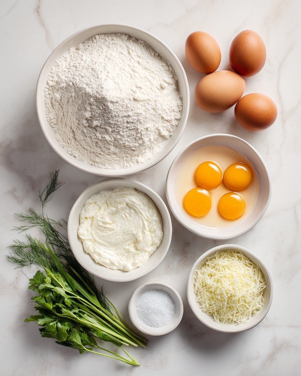 The image shows seven main items arranged neatly on a white marbled surface. There is one large white bowl filled with white flour with a soft, powdery texture. To the right of it, five brown eggs are placed close together with smooth shells. Below the eggs, a white bowl holds a thick, creamy off-white mixture, likely cream cheese or a similar ingredient. Next to it, a smaller white bowl contains three raw egg yolks with a bright yellow-orange color surrounded by translucent egg whites. Another small white bowl contains fine white salt grains, and beside that, a similarly sized bowl holds light yellow grated cheese. Two bunches of fresh green herbs, one light green and the other a darker shade, are laid on the surface near the bowls. The photo is taken with an iphone --ar 4:5 --v 7