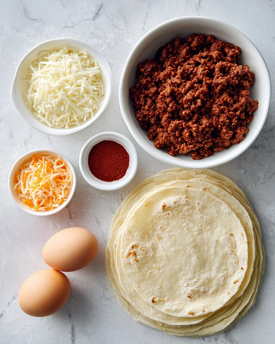 The image shows six main items arranged on a white marbled surface. On the right side, there is a white bowl filled with cooked ground beef that is brown and crumbly in texture. Below the bowl is a stack of several pale yellow tortillas, placed flat and overlapping each other. To the left of the tortillas is a small white bowl containing shredded orange and white cheese. Above this bowl is another small white bowl filled with reddish-brown seasoning powder. Further up are two light brown eggs placed side by side. Finally, at the top left corner, there is a white bowl filled with white shredded cheese. All items are clearly separated, showing distinct textures and colors. Photo taken with an iphone --ar 4:5 --v 7