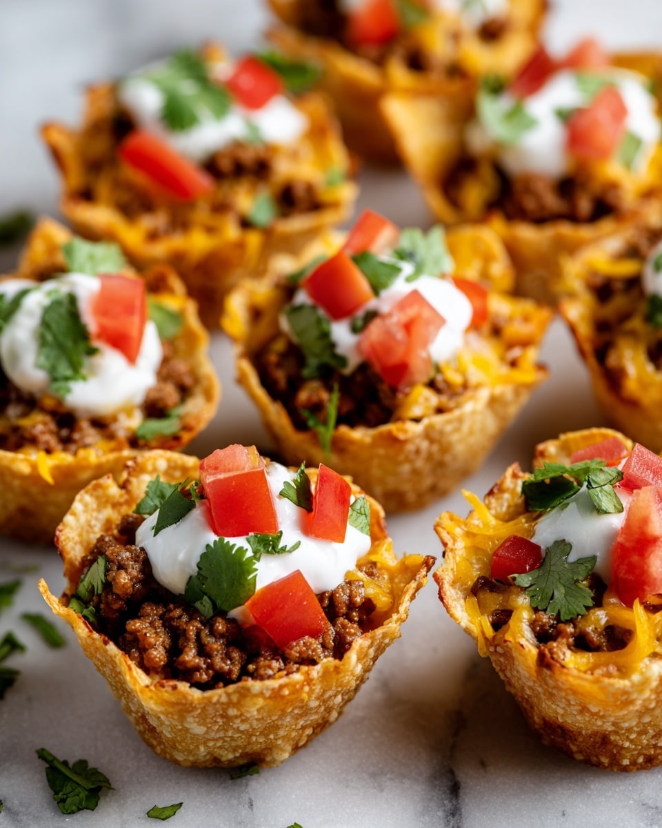 Several crispy golden cups made of baked tortilla shells are filled with a base layer of cooked ground beef with a crumbly texture. On top of the beef is a layer of melted cheddar cheese, bright yellow and slightly glossy. Each cup is then topped with a dollop of white sour cream, contrasting with vibrant red diced tomatoes and bright green fresh cilantro leaves scattered on top. The cups are arranged closely together on a white marbled surface. photo taken with an iphone --ar 4:5 --v 7