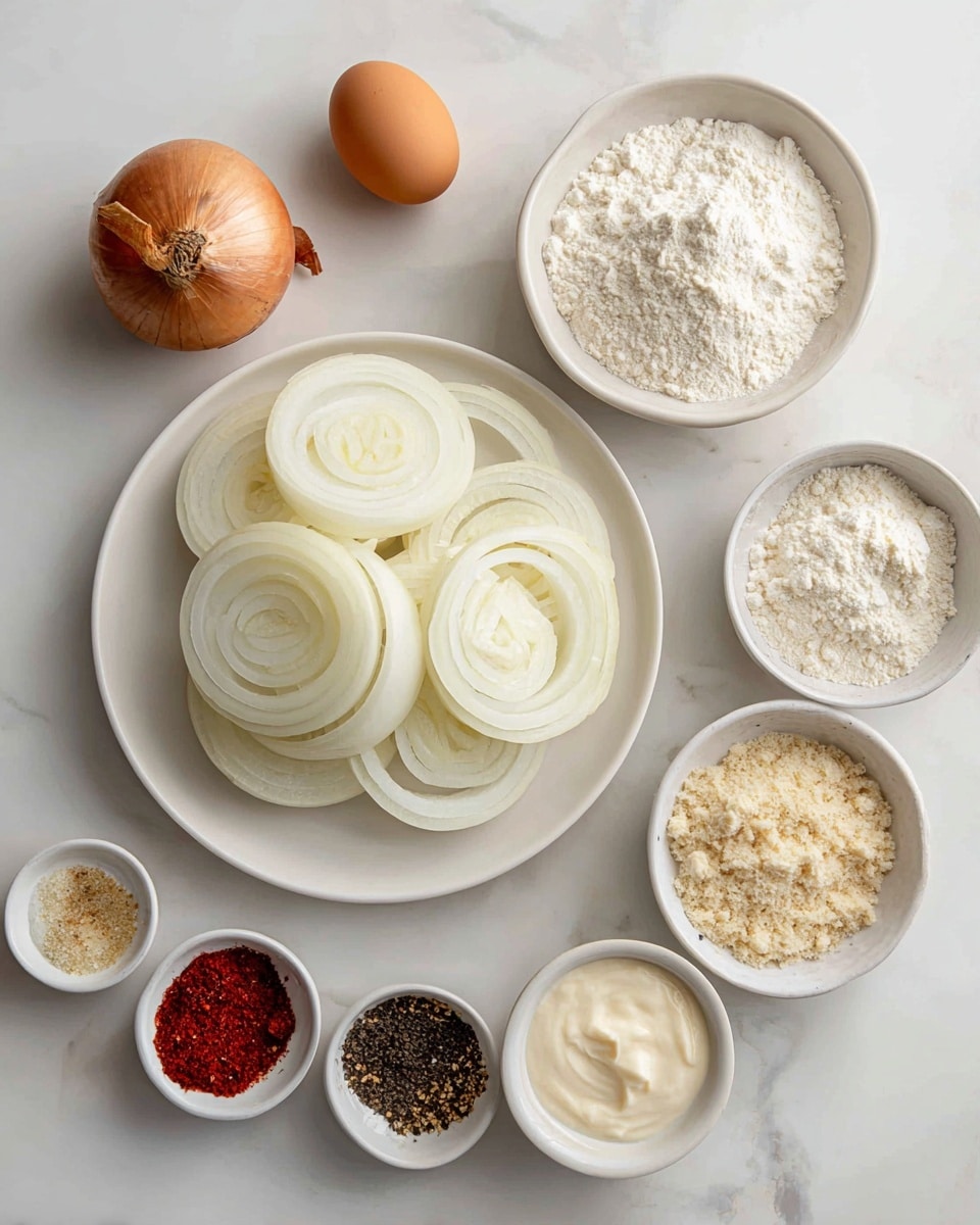 The image shows a white plate with five large rings of white onion stacked slightly overlapping. Around the plate, there are six white bowls with different ingredients: one bowl is full of white flour, another has a creamy white sauce, one has small white powder, another bowl holds coarse crumbs, and a small bowl contains a mixture of red, black, and beige spices. Near the top left, a whole brown onion and a single brown egg rest on the white marbled surface. The layout is neat and spaced, all items clearly visible. Photo taken with an iphone --ar 4:5 --v 7