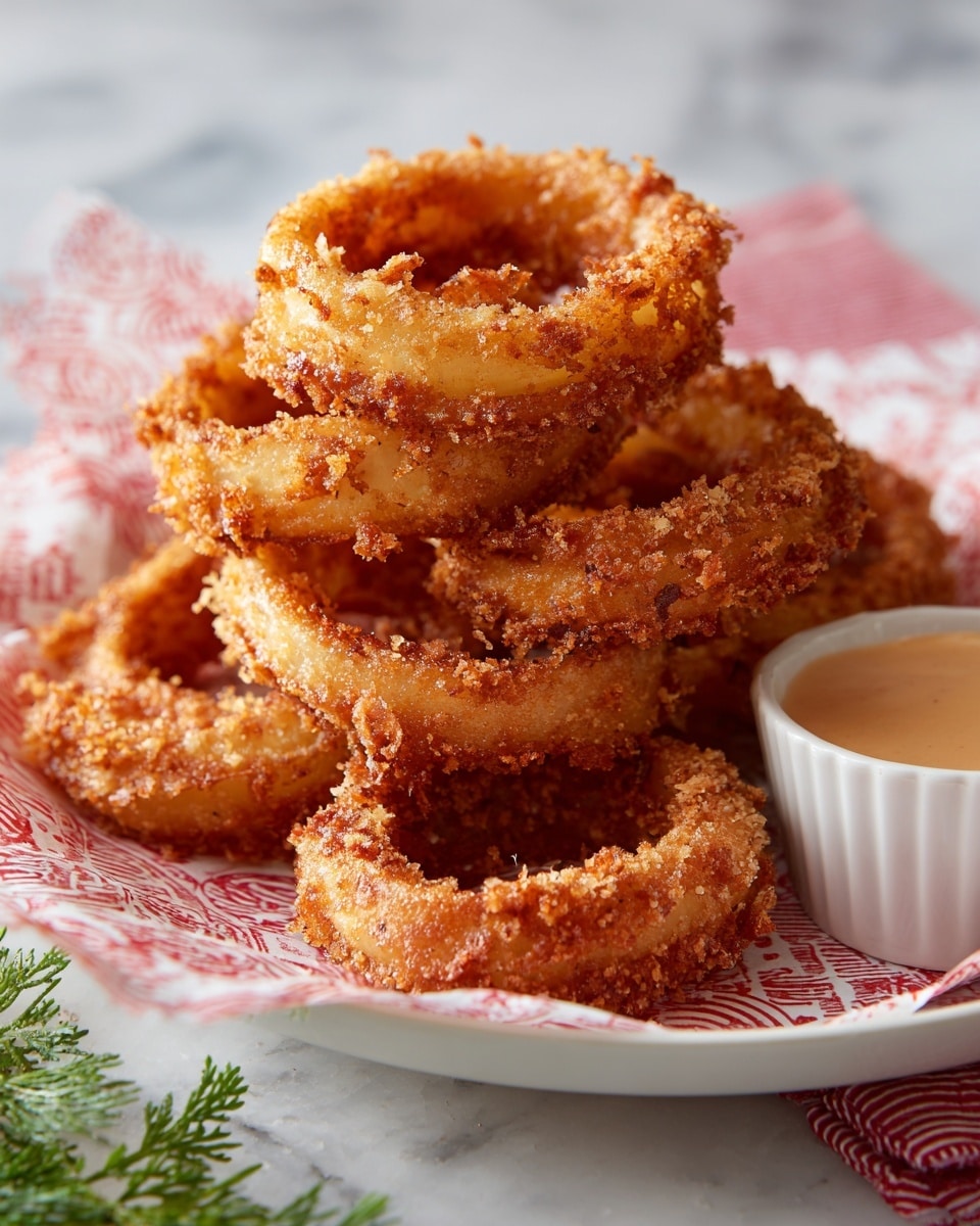 A stack of golden brown onion rings with a rough, crunchy texture is placed in the center on red and white patterned paper inside a round white plate. The onion rings are thick and crispy, showing a crumbly coating all around. To the right of the stack, there is a small white bowl filled with creamy light orange dipping sauce. The plate rests on a white marbled surface with a small green parsley sprig visible at the bottom left corner. The image is close up, focusing on the rich texture of the onion rings. photo taken with an iphone --ar 4:5 --v 7