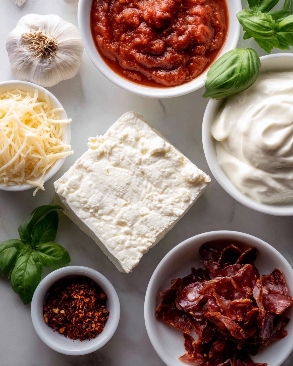 A white marbled surface holds several white bowls and items arranged closely. In the center is a large block of white soft cheese with a crumbly texture. To the top right, a white bowl is filled with thick red tomato sauce with a slightly chunky texture. Below it, another white bowl contains smooth, creamy white ricotta cheese. Near the bottom right, a white bowl is filled with small, thin, reddish-brown slices of cured meat. Next to it, another white bowl holds reddish crushed chili flakes. On the bottom left, a white bowl contains shredded yellow-white cheese with a soft texture. Fresh green basil leaves rest to the upper left of the cheese block, and a whole bulb of garlic with off-white skin and brown roots is placed near the center bottom of the image. Photo taken with an iphone --ar 4:5 --v 7