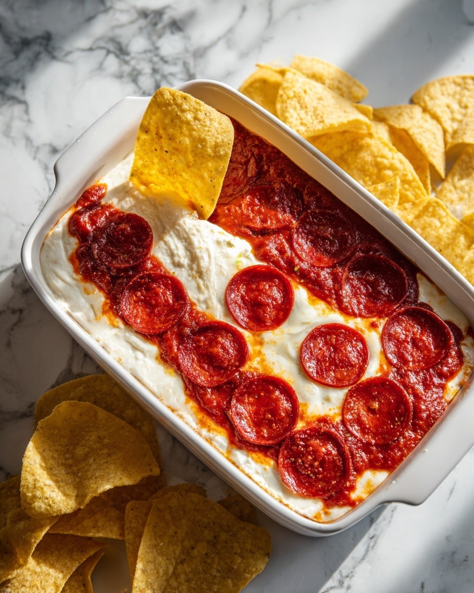 The image shows a white rectangular dish filled with a layered dip. The bottom layer is a thick red sauce with a smooth texture, visible around the edges. Above the sauce is a creamy white layer with a rich and slightly melted look. On top of this is a layer of melted white cheese, partly covered with small round pepperoni slices scattered evenly. There is some extra shredded cheese sprinkled on top, adding a rough texture. A single yellow tortilla chip is dipped partly into the corner of the dish, with more chips scattered around the white marbled surface. Photo taken with an iphone --ar 4:5 --v 7