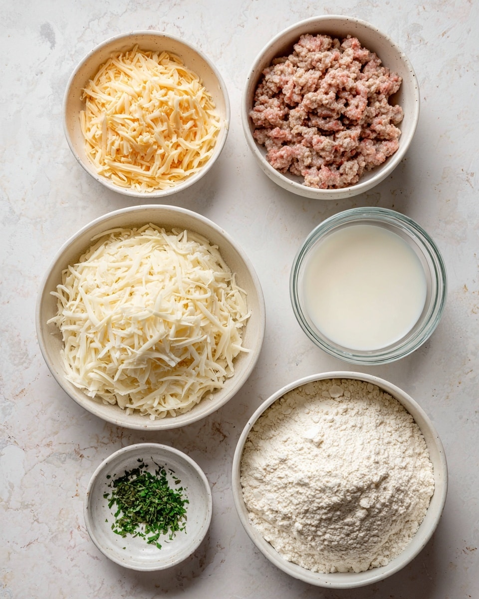 The image shows six white bowls and one small white dish arranged on a white marbled surface. The top row has two bowls: one filled with light orange shredded cheese on the left and one filled with ground meat in beige and pink tones on the right. Below them, in the middle row, there is a large bowl filled with white shredded cheese on the left and a clear glass bowl with white liquid on the right. The bottom row shows a small white dish with chopped green herbs on the left and a large bowl filled with white flour on the right. The bowls' contents create a mix of textures from soft shredded cheese, crumbly meat, smooth liquid, and powdery flour photo taken with an iphone --ar 4:5 --v 7