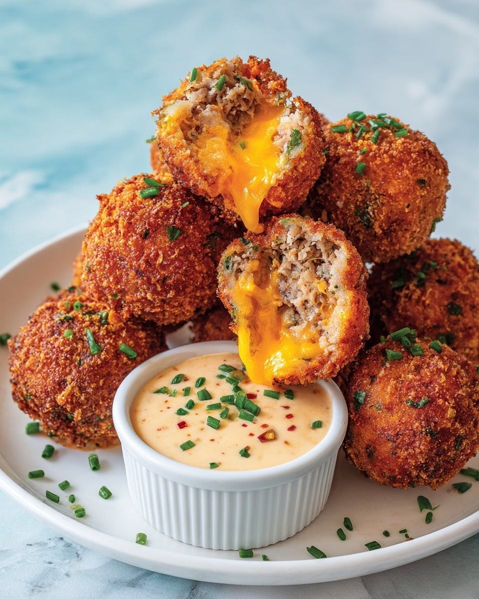 A white plate holds around ten golden-brown fried cheese meatballs with visible melted cheddar cheese oozing from the inside of one meatball, which is split open and resting on top of the others. Each meatball is textured with a crisp fried exterior and flecks of green herbs are scattered on them and around the plate. A white ramekin is placed on the plate behind the meatballs, filled with a creamy beige dipping sauce spotted with small bits of red and green herbs. The plate sits on a white marbled surface with a red and white striped cloth partially visible under the plate. photo taken with an iphone --ar 4:5 --v 7