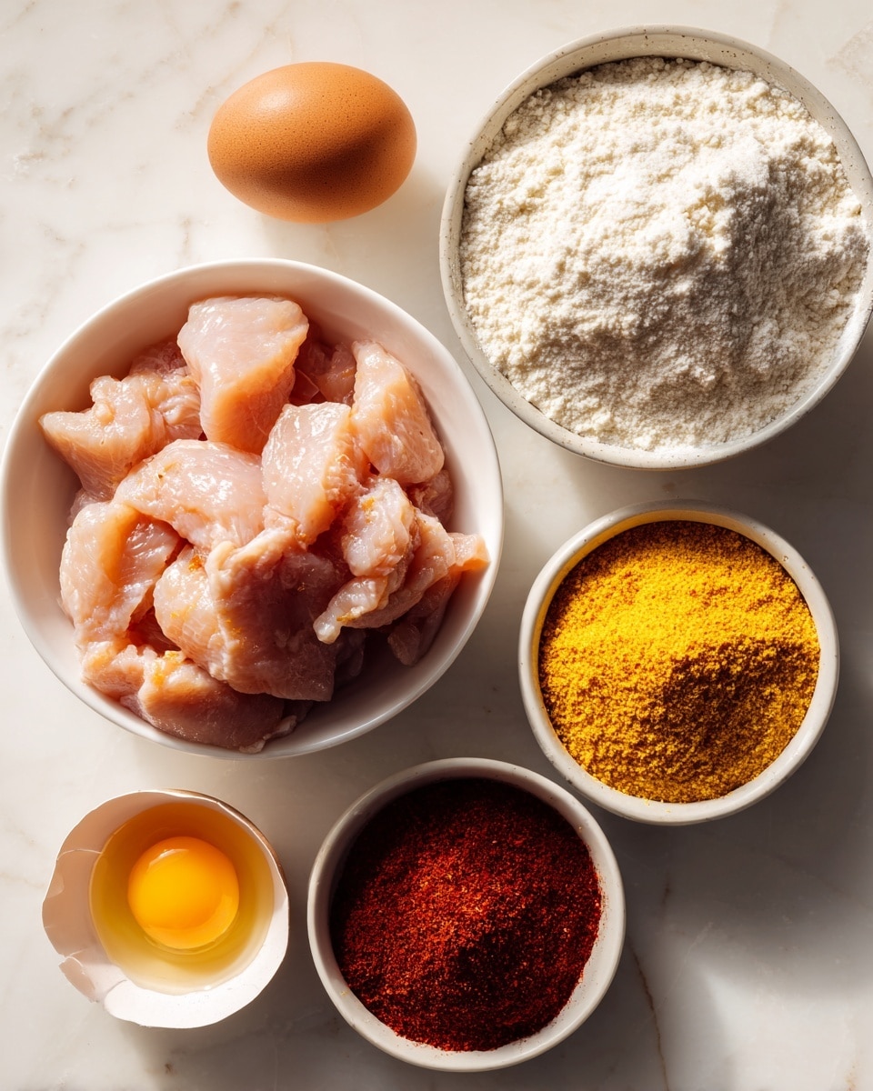 The image shows five bowls and an egg arranged on a white marbled surface. In the center is a white bowl filled with raw, pale pink, thick chunks of chicken. To the top right is a larger white bowl heaped with white flour. Below the flour is a smaller white bowl filled with fine yellow cornmeal. Next to the cornmeal, at the bottom right, is another small white bowl holding deep red chili powder with a slightly coarse texture. On the top left, there is a single whole brown egg and below it is a small white bowl containing one raw egg cracked open, with the bright yellow yolk centered in clear egg white. The overall composition is neat and simple, with good lighting highlighting the textures of each ingredient photo taken with an iphone --ar 4:5 --v 7
