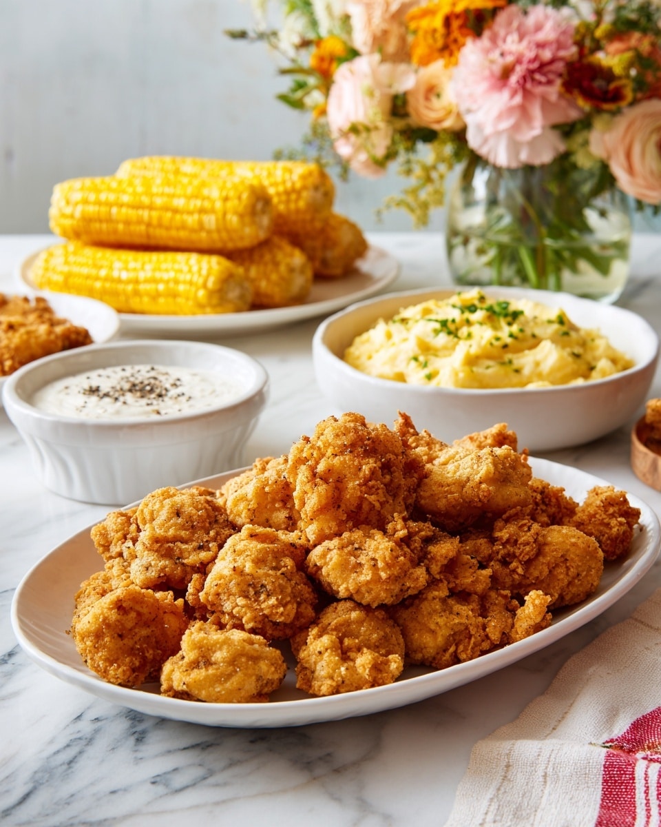 A white oval plate filled with many golden-brown crispy fried popcorn chicken pieces with a small white bowl of white dipping sauce sprinkled with black pepper placed on the side of the plate. In the background, there is a white bowl with creamy mashed potatoes topped with green herbs and a white plate holding four bright yellow corn cobs. To the right, there is a clear glass vase with a mixed bouquet of white, pink, and light green flowers. The scene is set on a smooth white marbled surface, with a white cloth that has red stripes partially visible at the bottom right corner. Photo taken with an iphone --ar 4:5 --v 7
