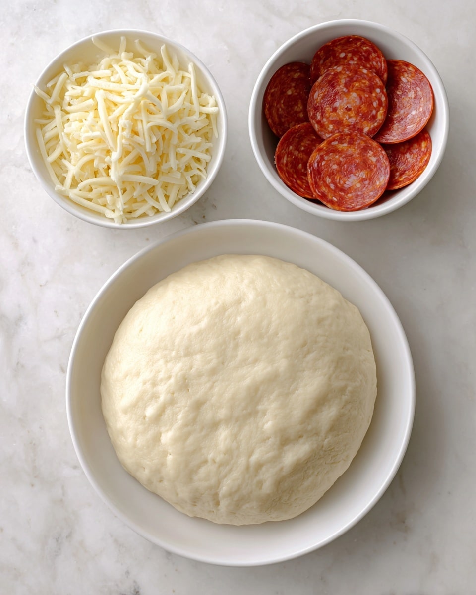 The image shows three white round dishes on a white marbled surface. The largest dish at the bottom holds a smooth, pale dough disk with a slightly bumpy texture. Above it, there are two small white bowls; the left one is filled with pale yellow shredded cheese with soft, thin strands, while the right one contains thin, round, shiny slices of pepperoni with a reddish-brown color and visible small fat spots. The bowls and plate are neatly arranged in a triangular shape. Photo taken with an iphone --ar 4:5 --v 7