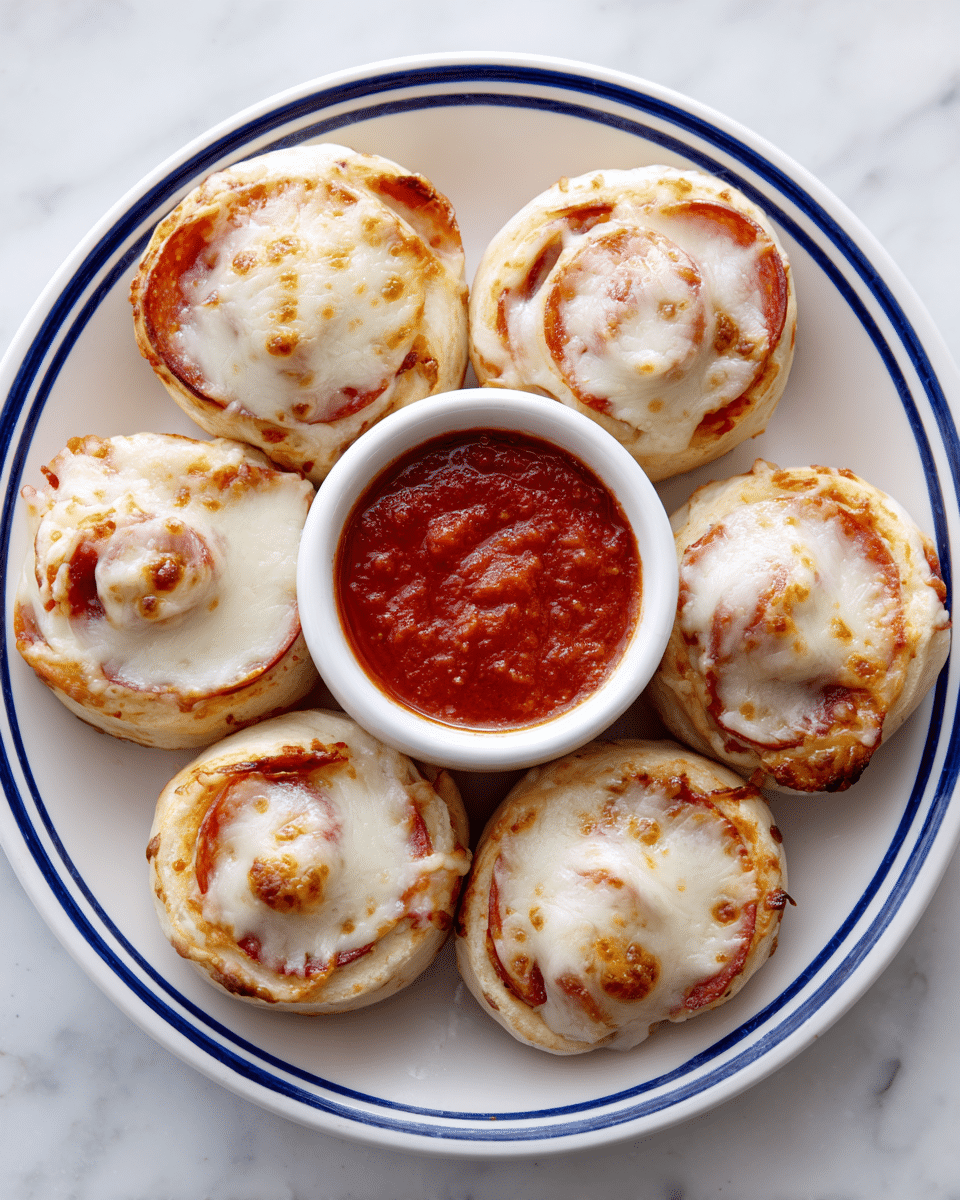 The image shows a white round plate with a thin blue line near the edge, placed on a white marbled surface. On the plate, there are eight golden-brown pizza rolls arranged in a circle around a small white bowl in the center filled with thick, red marinara sauce. Each pizza roll looks soft and fluffy with visible layers of light yellow dough and reddish-brown pepperoni slices inside, topped with melted white mozzarella cheese that has a slightly toasted appearance. The cheese is spread unevenly over the top layer with some strands stretching inside each roll. The sauce in the bowl looks rich and slightly chunky, contrasting with the smooth texture of the pizza rolls. photo taken with an iphone --ar 4:5 --v 7