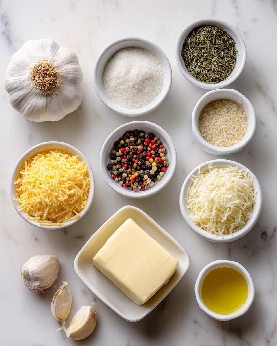 The image shows eight small white bowls and one whole garlic bulb arranged neatly on a white marbled surface. The top row has three bowls: the first with dried green herbs, the second with a fine white powder, and the whole garlic bulb to the left. Below are two bowls, one with coarse salt and pepper mix and the other with colorful whole peppercorns. Below them is a bowl with yellow grated cheese and to its right a bowl with white shredded cheese. At the bottom right is a square white bowl holding a block of pale yellow butter. To the left of the butter is a small white bowl with olive oil. Two garlic cloves rest loose on the surface near the oil bowl. The setup is clean and organized, showing a variety of dry and fresh ingredients. photo taken with an iphone --ar 4:5 --v 7
