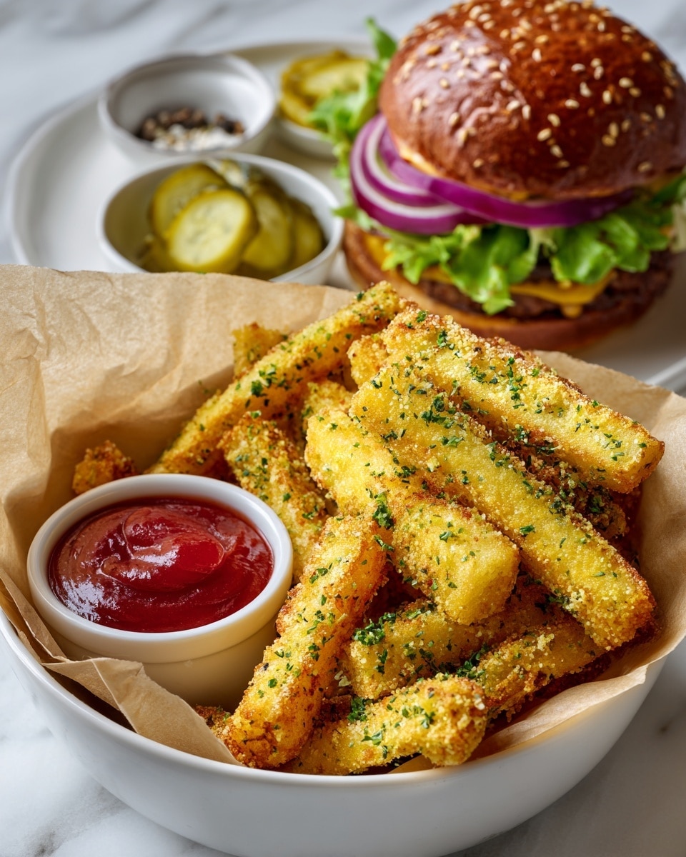 A bowl lined with crumpled parchment paper holds a pile of golden yellow crispy fries sprinkled with small bits of green herbs and white seasoning, next to a small white bowl filled with rich red ketchup. In the background, a white plate carries a sandwich composed of a sesame seed-topped brown bun, layers of green leafy lettuce, purple rings of onion, and a patty. To the right, a dark bowl contains round slices of pickles, and two small wooden bowls hold coarse salt and ground pepper, all set on a white marbled surface. Photo taken with an iphone --ar 4:5 --v 7