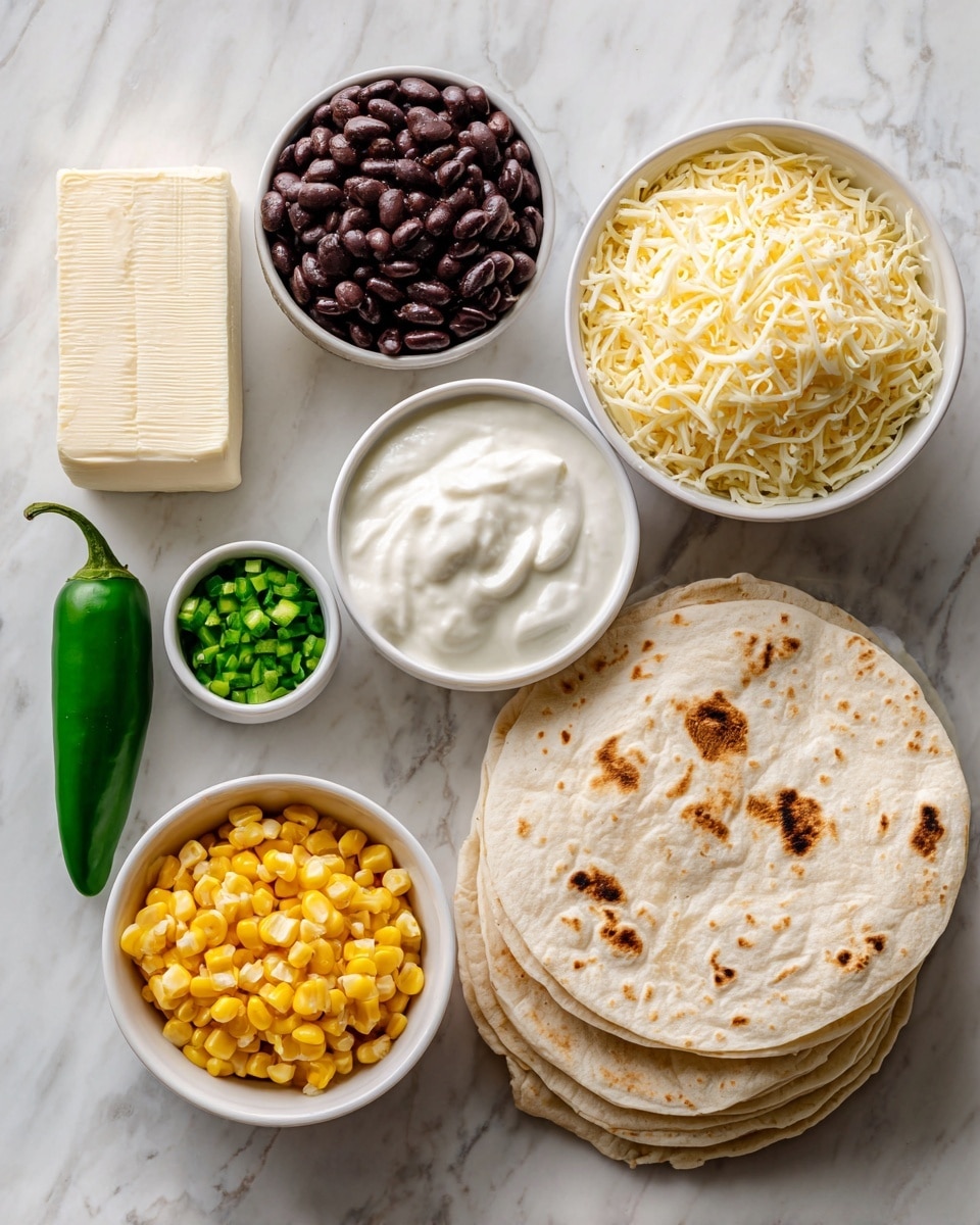 The image shows an overhead view of ingredients neatly arranged on a white marbled surface. There is a stack of light beige flour tortillas with slight brown spots on the right side. Above the tortillas, there is a white bowl full of shredded pale yellow cheese. To the left of the cheese bowl is a bowl of dark brown beans. Below the beans is a round white bowl with smooth white sour cream. A large rectangular block of cream cheese sits to the top left of the sour cream in front of the beans. Next to the block of cream cheese is a whole dark green jalapeño pepper. Below the jalapeño is a small white bowl filled with chopped green chili pieces. At the bottom left is a white bowl filled with bright yellow corn kernels. The colors and textures are clear and fresh, arranged simply and cleanly for easy viewing photo taken with an iphone --ar 4:5 --v 7