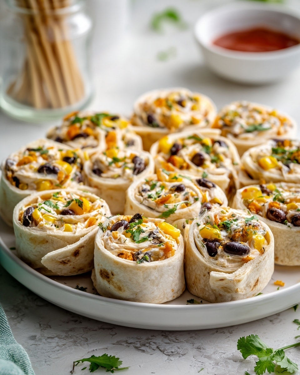 A white plate filled with about fourteen tortilla pinwheel rolls arranged closely in two layers; each roll shows a creamy white inner layer swirled with bits of bright yellow corn, dark brown beans, green chopped herbs, and light orange shredded cheese. The pinwheels have a soft texture with an even spread of colorful ingredients inside the white tortilla wrap. The plate sits on a white marbled textured surface with some scattered green herb leaves around the plate’s edge, and a glass filled with wooden toothpicks is seen blurred in the back. Photo taken with an iphone --ar 4:5 --v 7