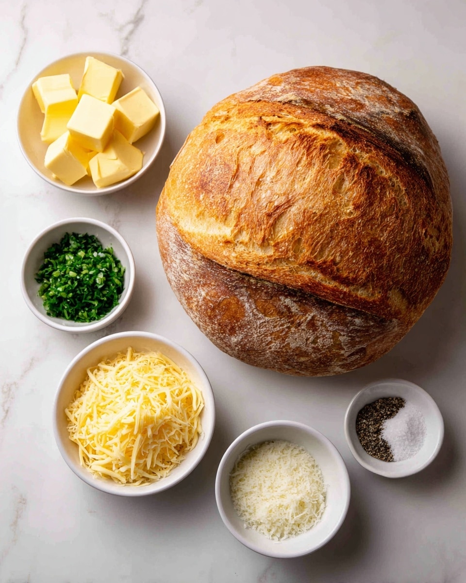 A large loaf of golden brown bread with a rough, crispy crust sits in the center of a white marbled surface, surrounded by five small white bowls forming a circle around it. Starting from the top and moving clockwise, the first bowl contains four yellow cubes of butter with a soft texture. The second bowl holds finely chopped bright green herbs. The third bowl contains a mound of pale yellow, shredded cheese with a slightly fluffy texture. Next, there is a bowl filled with finely grated white cheese that has a light, powdery texture. Finally, the last bowl holds a small amount of coarse ground black pepper and the bowl next to it is salt with a white crystalline texture photo taken with an iphone --ar 4:5 --v 7