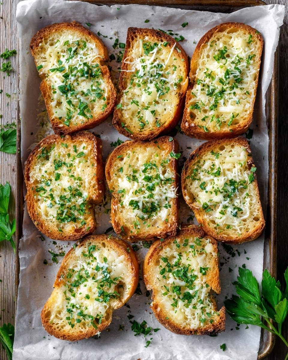 The image shows eight slices of toasted bread placed on a baking tray lined with white parchment paper. Each slice has a golden-yellow layer of melted butter topped with fine, light-colored shredded cheese and small chopped green parsley scattered evenly on top. The bread crusts are golden brown, adding a warm color contrast to the soft, pale interior of the slices. The tray rests on a wooden surface, but the background is changed to a white marbled texture. The overall look is fresh and appetizing, with a mix of creamy, cheesy, and herb textures. photo taken with an iphone --ar 4:5 --v 7