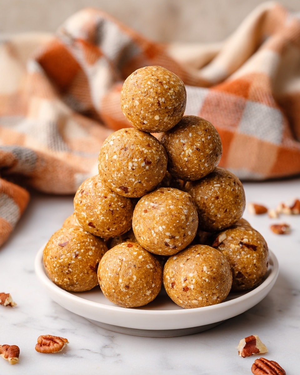 A white twisted-edge plate is filled with a pyramid stack of round, golden-brown energy balls that have small pieces of nuts visible in their textured surfaces. The balls look rough and slightly cracked, showing a mix of smooth and crumbly textures. A few nut pieces are scattered around the base of the plate on a white marbled surface. In the background, there is a soft, out-of-focus cloth with brown, beige, and yellow plaid patterns that adds warmth to the scene. photo taken with an iphone --ar 4:5 --v 7