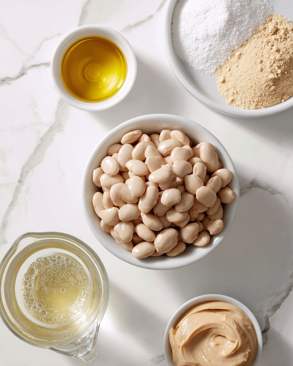 The image shows a top-down view of five small white bowls and a glass measuring cup placed on a white marbled surface. The central bowl is filled with large, pale beige beans, crowded together with a smooth texture and some small dents. To the top left, a small white bowl holds a golden-yellow liquid, while the top right bowl contains three piles of fine powders in white, pale yellow, and light beige colors. Below the center bowl, a clear glass measuring cup contains a light yellow liquid with some bubbles on the surface. To the bottom right, another small white bowl holds a creamy beige paste with a smooth texture. photo taken with an iphone --ar 4:5 --v 7
