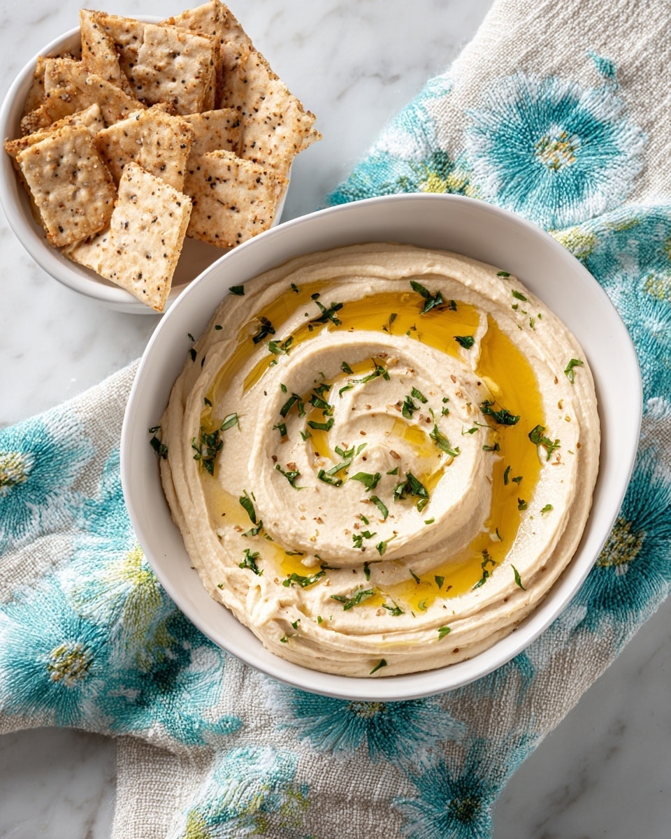 A white round dish filled with creamy, smooth light beige hummus, decorated with shiny, golden olive oil pools and sprinkled dark green parsley flakes on top. Next to it, a white bowl is filled with rectangular golden crackers speckled with darker seeds. The dishes rest on a light blue cloth with white and green floral patterns, placed on a white marbled surface. photo taken with an iphone --ar 4:5 --v 7