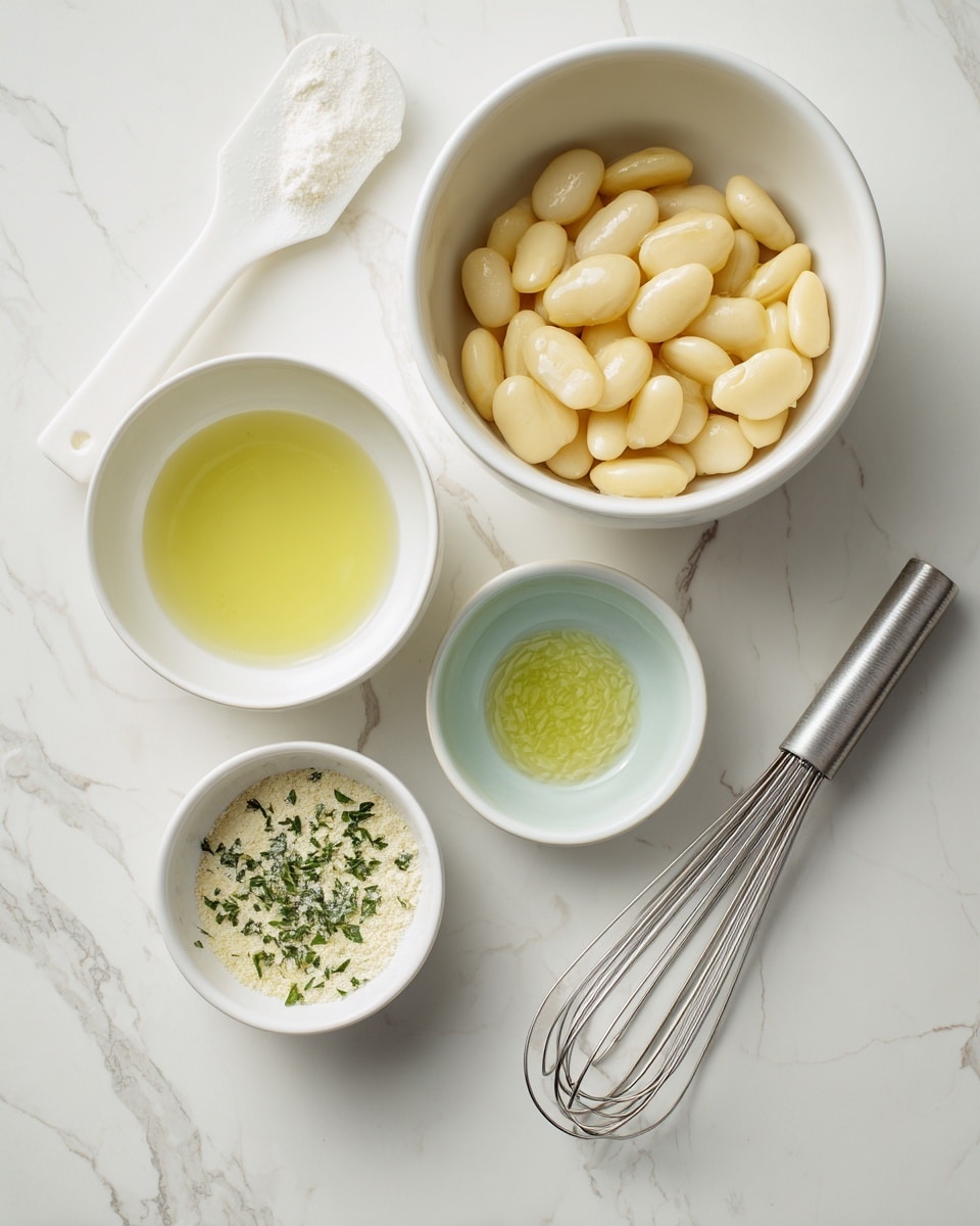 The image shows four white bowls and a white spatula on a white marbled surface. One medium bowl is filled with large light yellow beans. A small bowl holds a light green liquid, possibly oil, and another small bowl contains a mixture of pale powder with green herbs sprinkled on top. There is an empty large white bowl, and a small silver whisk lies beside the bowls. The setup looks clean and ready for mixing ingredients. photo taken with an iphone --ar 4:5 --v 7