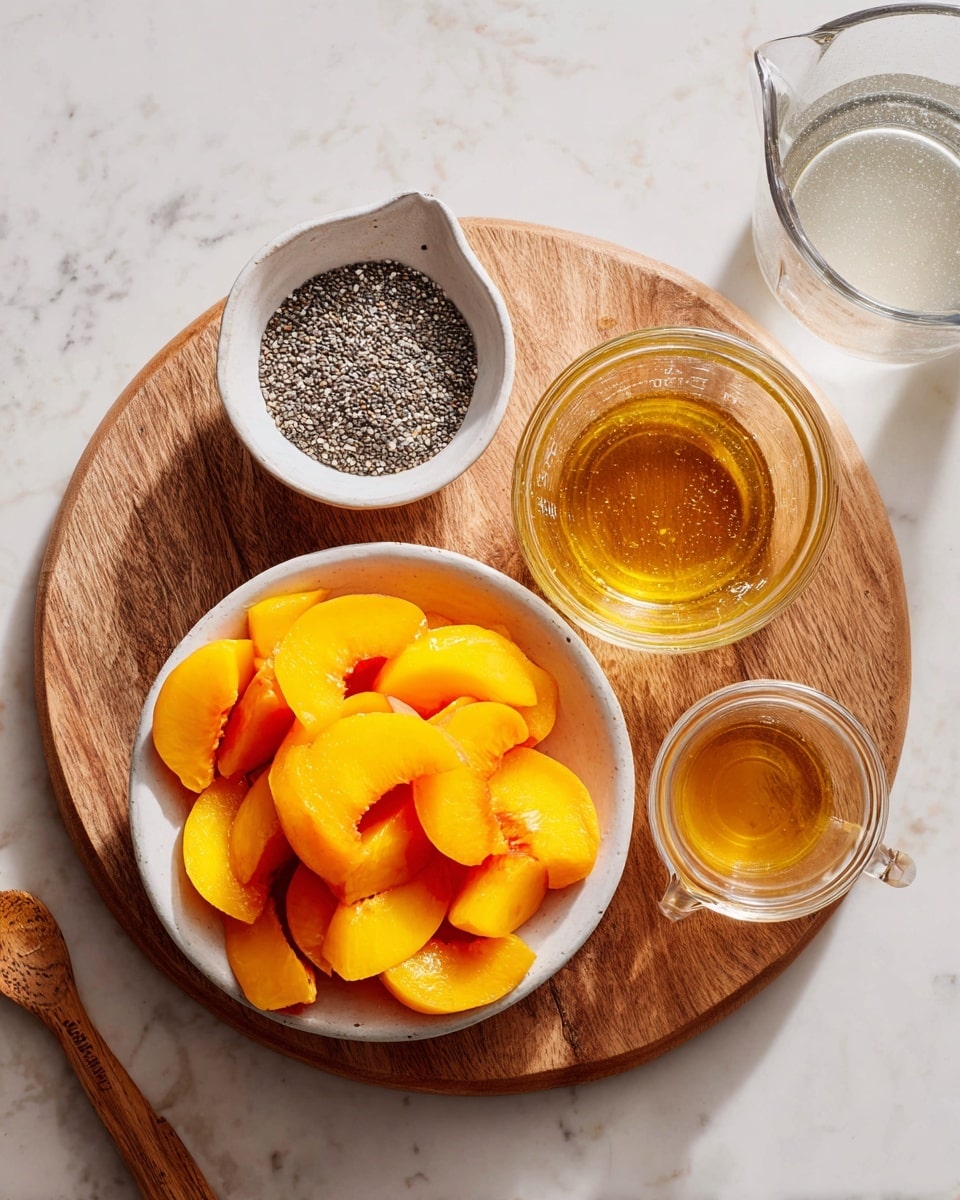 The image shows a wooden board placed on a white marbled surface. On the board, there is a white bowl filled with bright orange sliced peaches, a small white bowl filled with light gray chia seeds, a clear glass measuring cup with off-white liquid, and a small clear glass cup filled with golden honey. In the top right corner, there is an empty clear glass mixing bowl, and a blender base is partially visible in the bottom left corner. Photo taken with an iphone --ar 4:5 --v 7