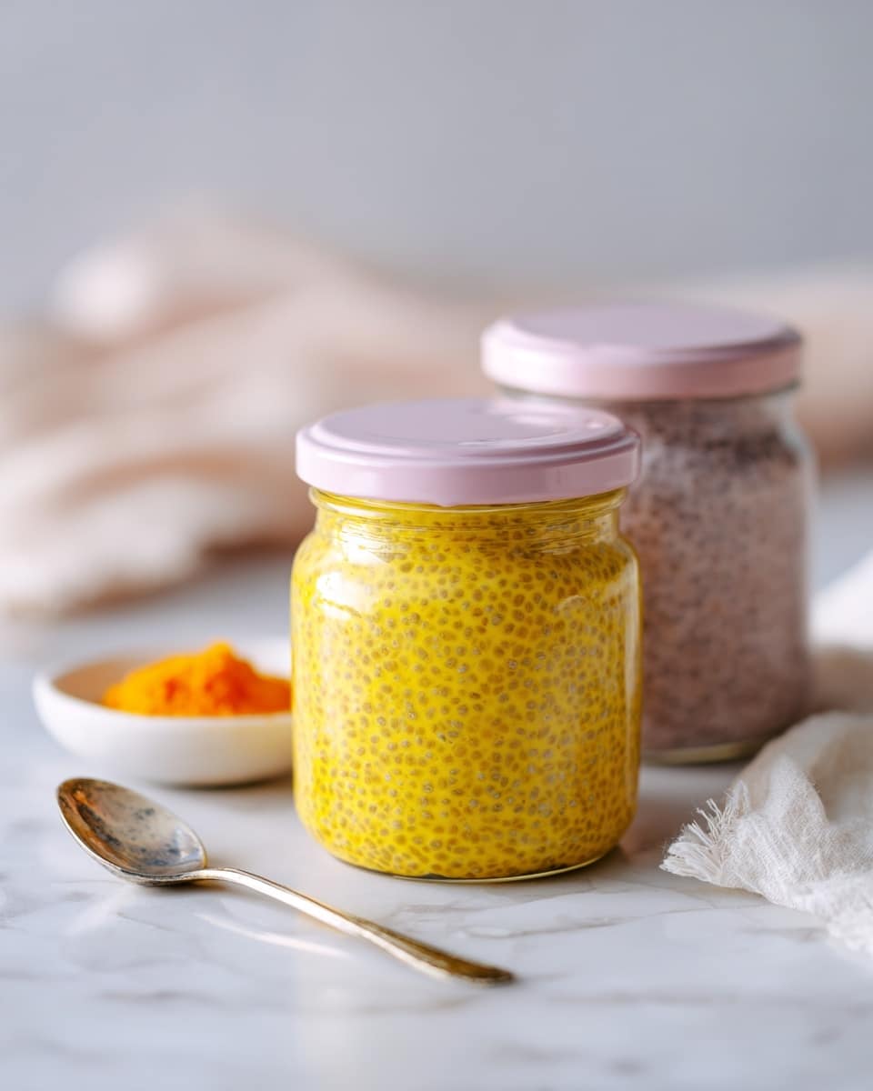 Two clear jars with light pink and dusty rose lids are filled with a creamy yellow pudding mixed with small chia seeds. Both jars sit on a white marbled textured surface, one slightly behind the other. In the back right, there is a small white bowl with orange chunks, and in the front left, a silver spoon leans flat on the surface. A white cloth with dots is softly placed behind the jars. The setting is softly lit with natural light. photo taken with an iphone --ar 4:5 --v 7