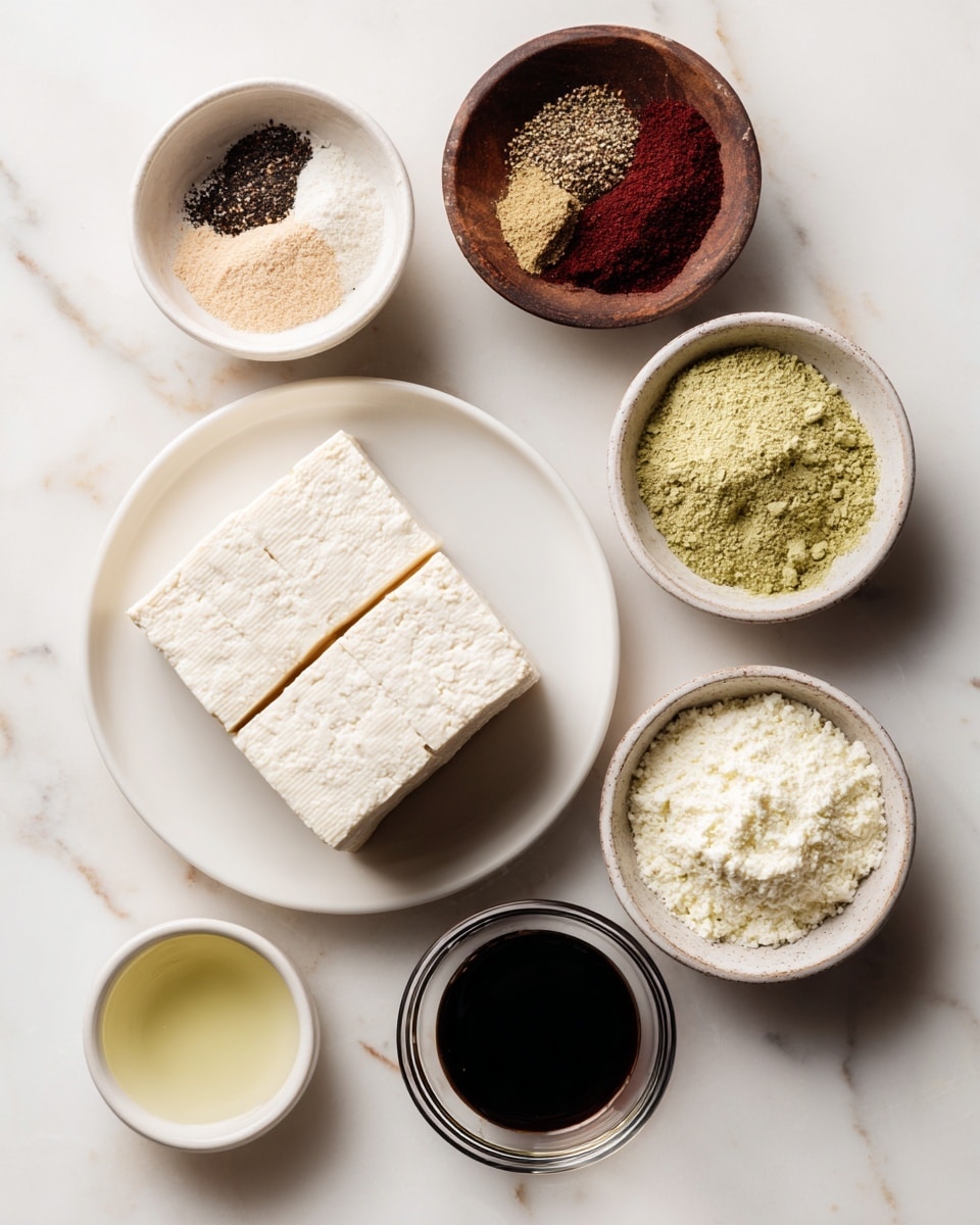 The image shows seven small containers of ingredients placed on a white marbled surface. In the center, a block of pale tofu with a soft texture sits on a white plate. Above and to the left is a white bowl divided into four sections with different powders: off-white, deep red, light tan, and greenish brown. Next to it is a small dark wooden bowl holding black pepper and salt. To the right, a white bowl is filled with light yellow flakes. Below that is another white bowl filled with a white powdery ingredient. At the bottom center, a small clear glass bowl containing a dark liquid sits next to another clear bowl with a pale, oily liquid. photo taken with an iphone --ar 4:5 --v 7