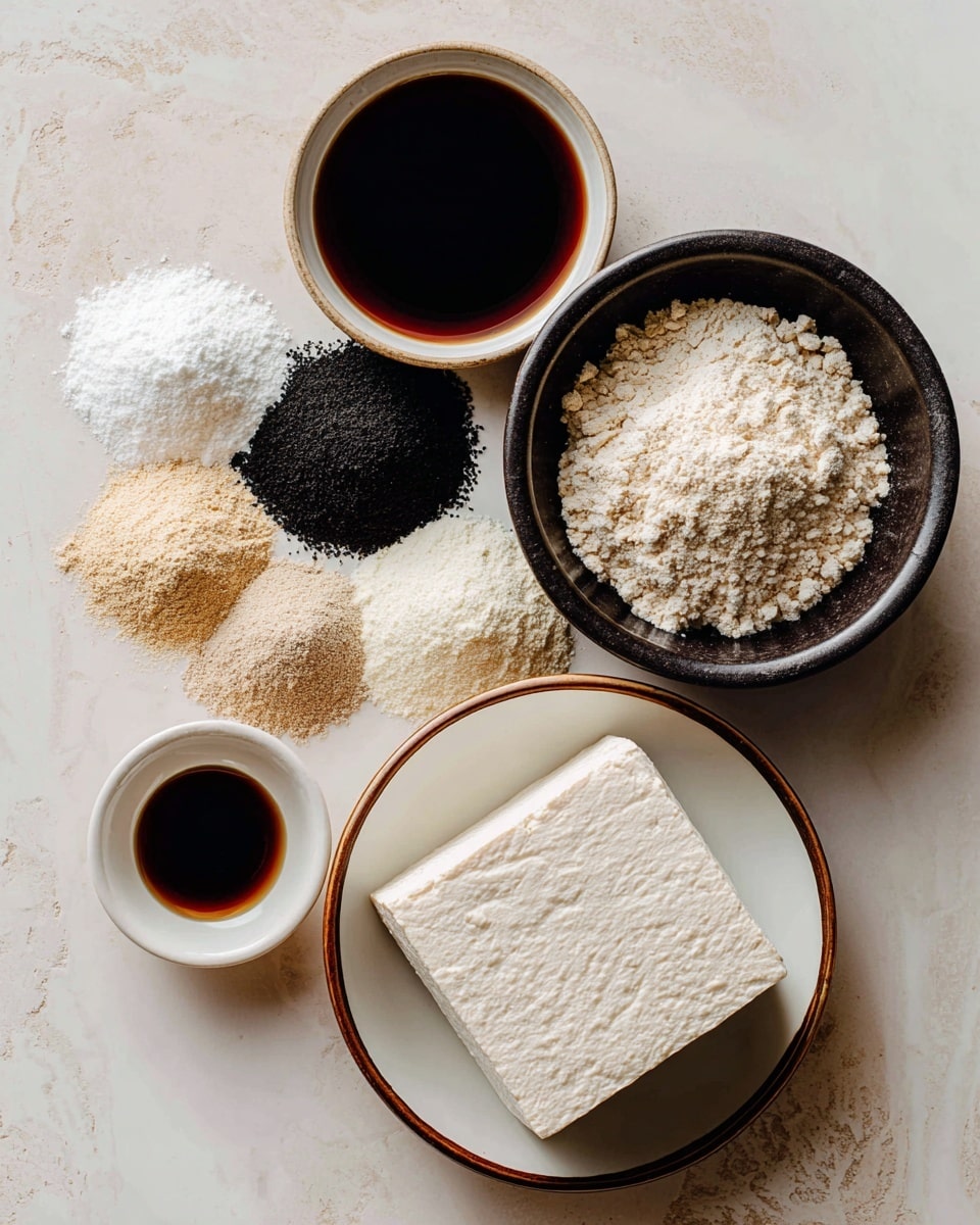 The image shows three bowls on a white marbled surface. The first bowl, white with a thin dark rim, contains six separate piles of different powdered ingredients in shades of light beige, white, and black, arranged neatly in a circular pattern. The second bowl is black and holds a large, solid block of white tofu with a textured surface. The third bowl is small, white, and contains a dark brown liquid that looks like soy sauce. The bowls are arranged with the black bowl at the top left, the large white bowl at the bottom right, and the small white bowl at the bottom left. Photo taken with an iphone --ar 4:5 --v 7