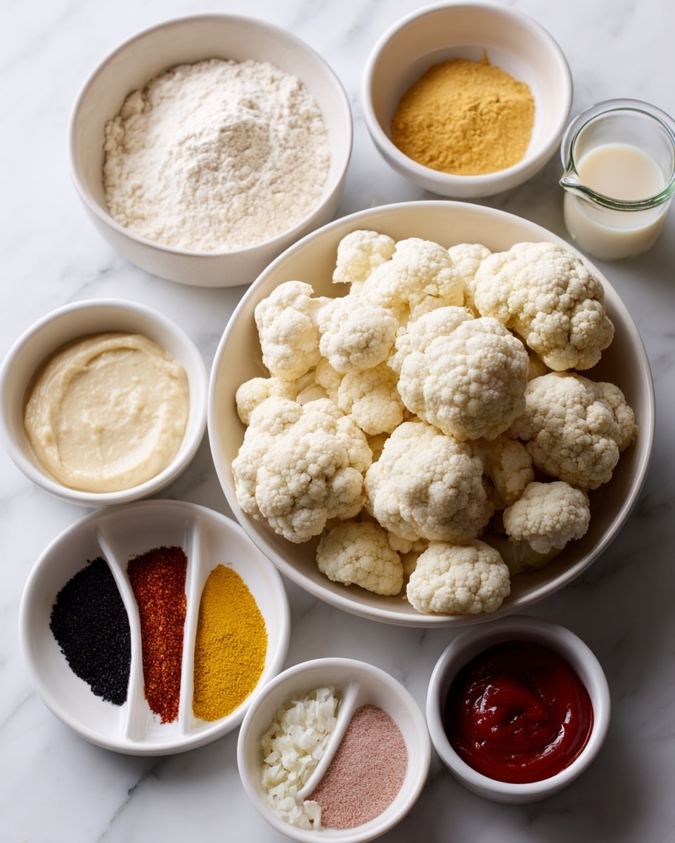 The image shows a white bowl in the center filled with fresh, off-white cauliflower florets with a textured, bumpy surface. Surrounding the bowl in a circle are eight smaller white containers holding various ingredients: a bowl of flour with a soft, powdery texture; a bowl of a pale, creamy batter with a smooth top; a dish of bright yellow powder; a small bowl of reddish-brown granulated seasoning; a shallow white plate with four different powders in sections including black, yellow, beige, and pink; a small bowl of red sauce with a thick, glossy surface; a bowl of white, flaky crumbs; and a glass pitcher with a creamy white liquid. All bowls and containers are placed on a white marbled surface. The photo taken with an iphone --ar 4:5 --v 7