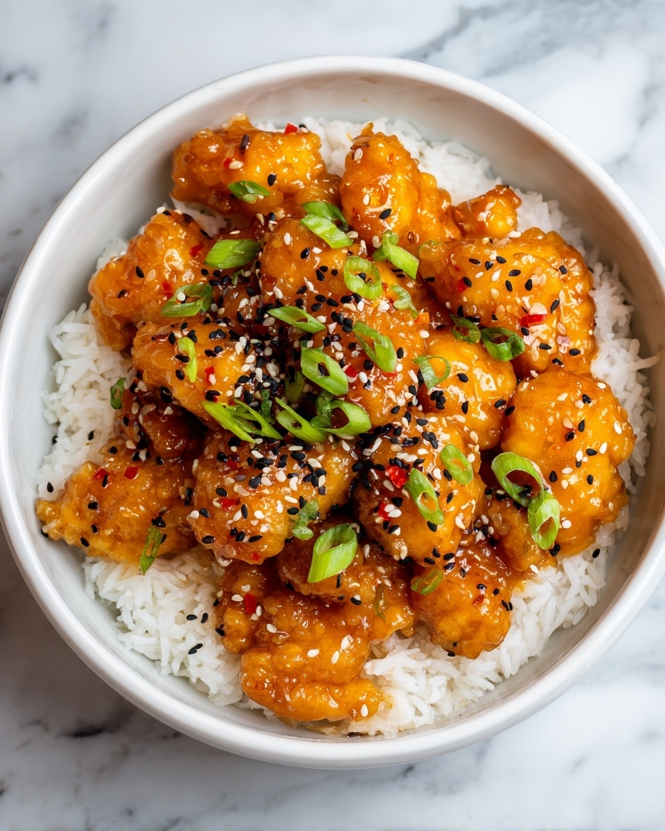The dish shows a close-up view of several pieces of crispy chicken coated in a light orange creamy sauce, placed on a layer of white rice. The chicken pieces are topped with thin green slices of scallions, black and white sesame seeds scattered evenly across the surface. The sauce on the chicken has a smooth, slightly thick texture with small red specks throughout. The entire dish is on a white plate, set against a white marbled background. photo taken with an iphone --ar 4:5 --v 7