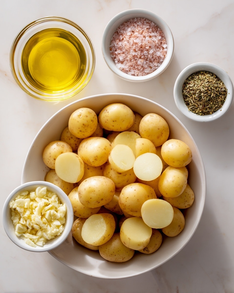 A white bowl filled with many small yellow potatoes, some whole and some cut in half showing their pale yellow inside, is centered on a white marbled surface. Above it to the right, a white bowl holds three kinds of dry seasonings: a pink salt, a green herb, and brown pepper, each in thirds inside the bowl. To the top left, there is a glass filled with golden olive oil. Below the seasoning bowl, another white bowl holds minced garlic with a light yellow color. The whole arrangement is neat and well-lit, showing warm tones of the ingredients. photo taken with an iphone --ar 4:5 --v 7