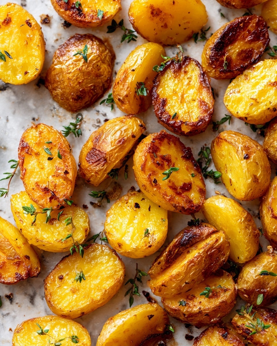 A close-up image of many roasted small potato halves spread out on a baking pan. Each potato half has a golden yellow inside with a crispy, browned outer edge and skins. Scattered small green herb leaves, likely thyme, add a fresh touch, with a slight oily sheen visible on the potatoes. The baking pan has a ribbed surface and the whole scene is on a white marbled texture. photo taken with an iphone --ar 4:5 --v 7