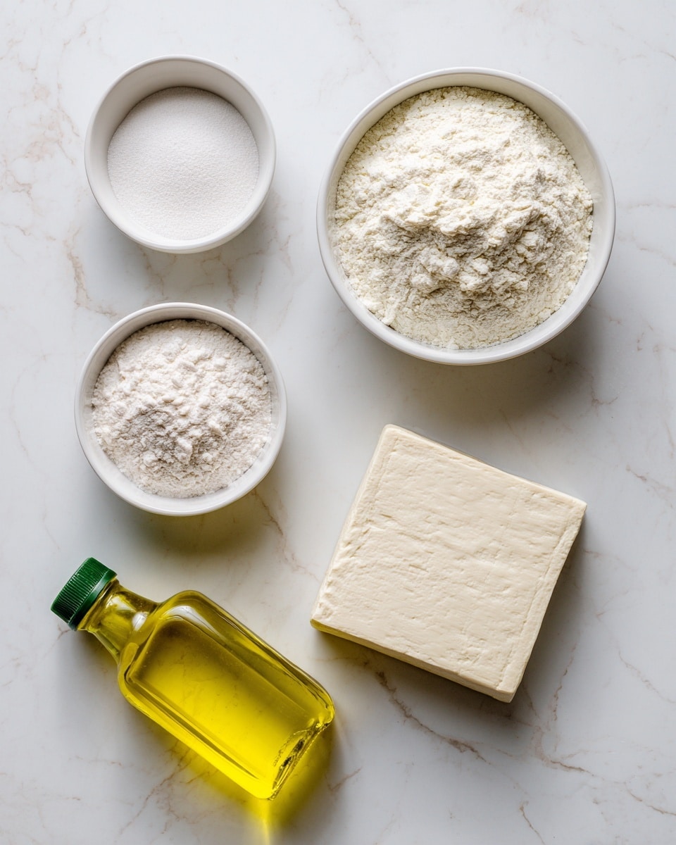 The image shows four main ingredients arranged on a white marbled surface: at the top right, a white bowl filled with a fine white powder; to the left of it, a smaller white bowl also filled with a white powder; below these bowls, in the center, is a square block of light beige soft tofu with a smooth texture; and at the bottom, a clear plastic bottle filled with bright yellow cooking oil and a green cap lying diagonally. The items are evenly spaced and neatly placed. Photo taken with an iphone --ar 4:5 --v 7