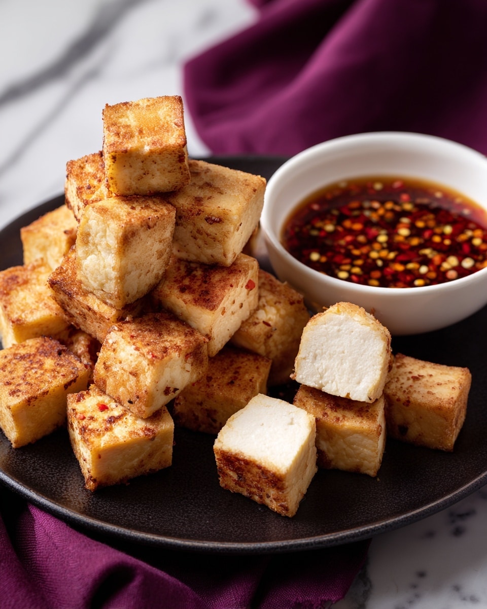 A stack of golden brown fried tofu cubes fills most of a dark plate, each cube showing a crispy, slightly rough outer layer with a soft, white porous inside visible in a couple of pieces placed near the top. Next to the tofu sits a small white bowl filled with a dark reddish-brown dipping sauce speckled with visible crushed chili flakes, adding small colorful dots to the smooth liquid surface. The plate rests on a deep purple textured cloth against a white marbled background, creating a clean and warm setting. photo taken with an iphone --ar 4:5 --v 7