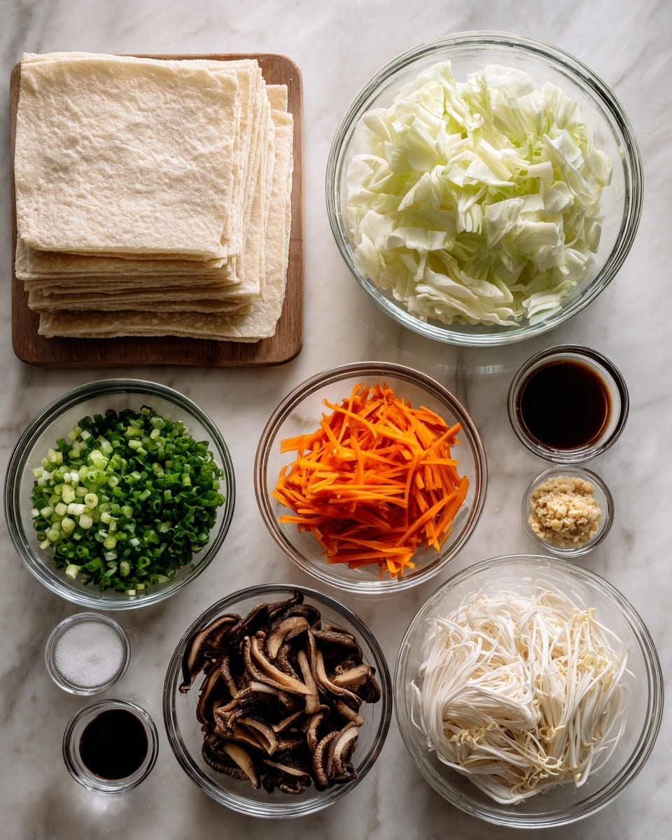The image shows several clear glass bowls placed on a white marbled surface, each containing different ingredients arranged neatly. There are five larger bowls: one with thinly sliced white cabbage, one with chopped green onions, one with thin orange carrot sticks, one with dark brown wood ear mushrooms, and one with white, thin rice noodles. Additionally, there are smaller glass bowls holding minced garlic, a dark liquid sauce, white salt, ground white pepper, and granular sugar. To the left, there is a large square stack of pale dough sheets. The arrangement is clean and organized, with a simple, fresh look. Photo taken with an iphone --ar 4:5 --v 7