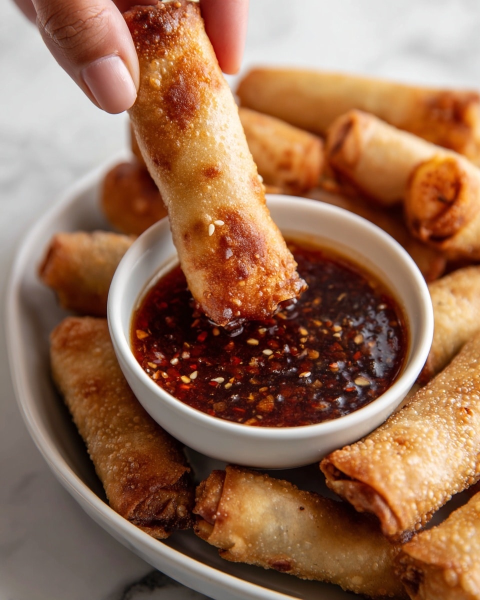 A woman's hand with short, mauve-painted nails is holding a golden-brown crispy spring roll dipped into a thick, shiny dark red sauce with sesame seeds in a white bowl. The spring roll has a smooth and flaky texture with some darker toasted spots. Around the bowl on a white plate are more golden spring rolls, all resting on a white marbled surface. The sauce looks rich and glossy, with some sauce dripping from the spring roll back into the bowl. photo taken with an iphone --ar 4:5 --v 7