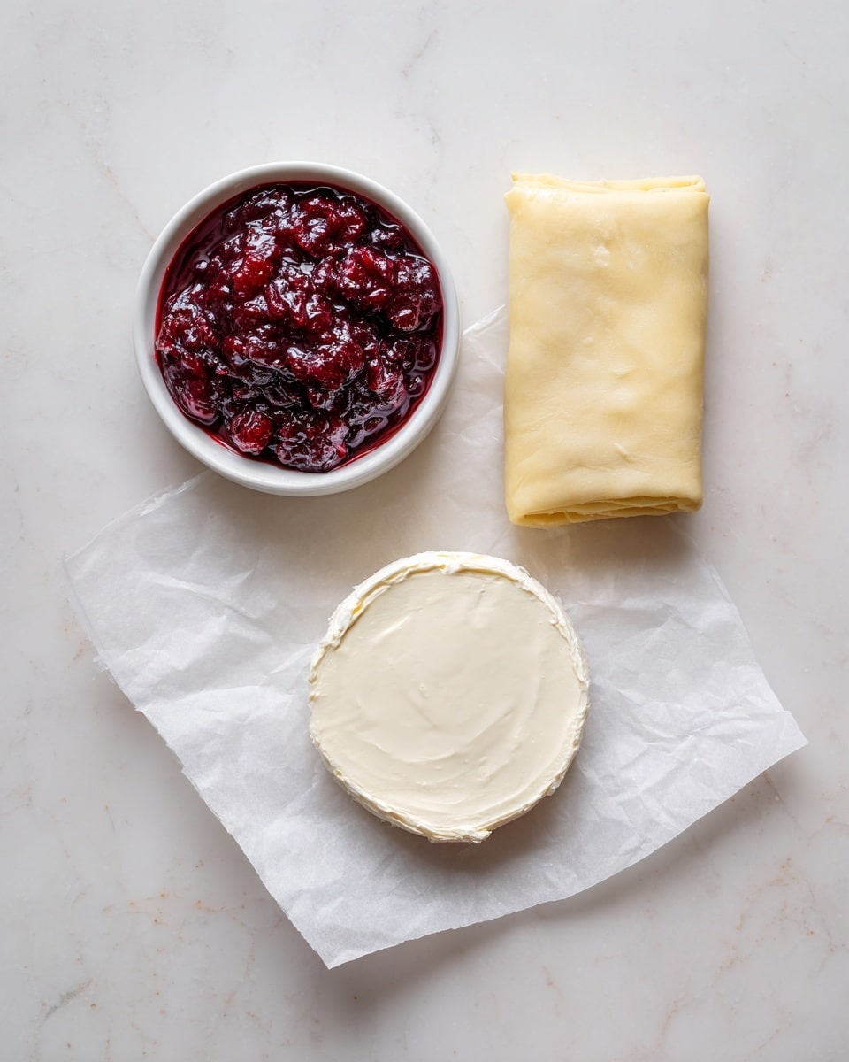 The image shows three items placed on a white marbled surface: on the top left, a small white bowl filled with dark red cranberry sauce that has a chunky texture; below it, a round layer of pale, smooth cream cheese on a piece of white parchment paper; and on the right, a rectangular piece of pale yellow puff pastry dough lying on white parchment paper. The items are arranged close to each other with the cranberry sauce bowl slightly overlapping the cream cheese circle. photo taken with an iphone --ar 4:5 --v 7