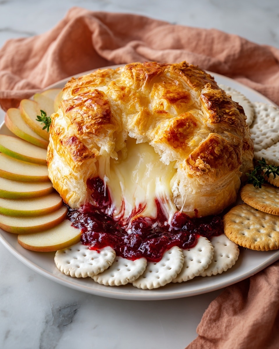 A white plate holds a round baked pastry with a golden, flaky crust that is broken open to show smooth, creamy cheese inside. Bright red berry sauce spills out from under the pastry onto a few round crackers beneath it. Surrounding the pastry are fresh green apple slices arranged in small, neat piles and additional round and square crackers. The plate sits on a white marbled surface, and a light peach-colored cloth is draped softly in the background. Photo taken with an iphone --ar 4:5 --v 7