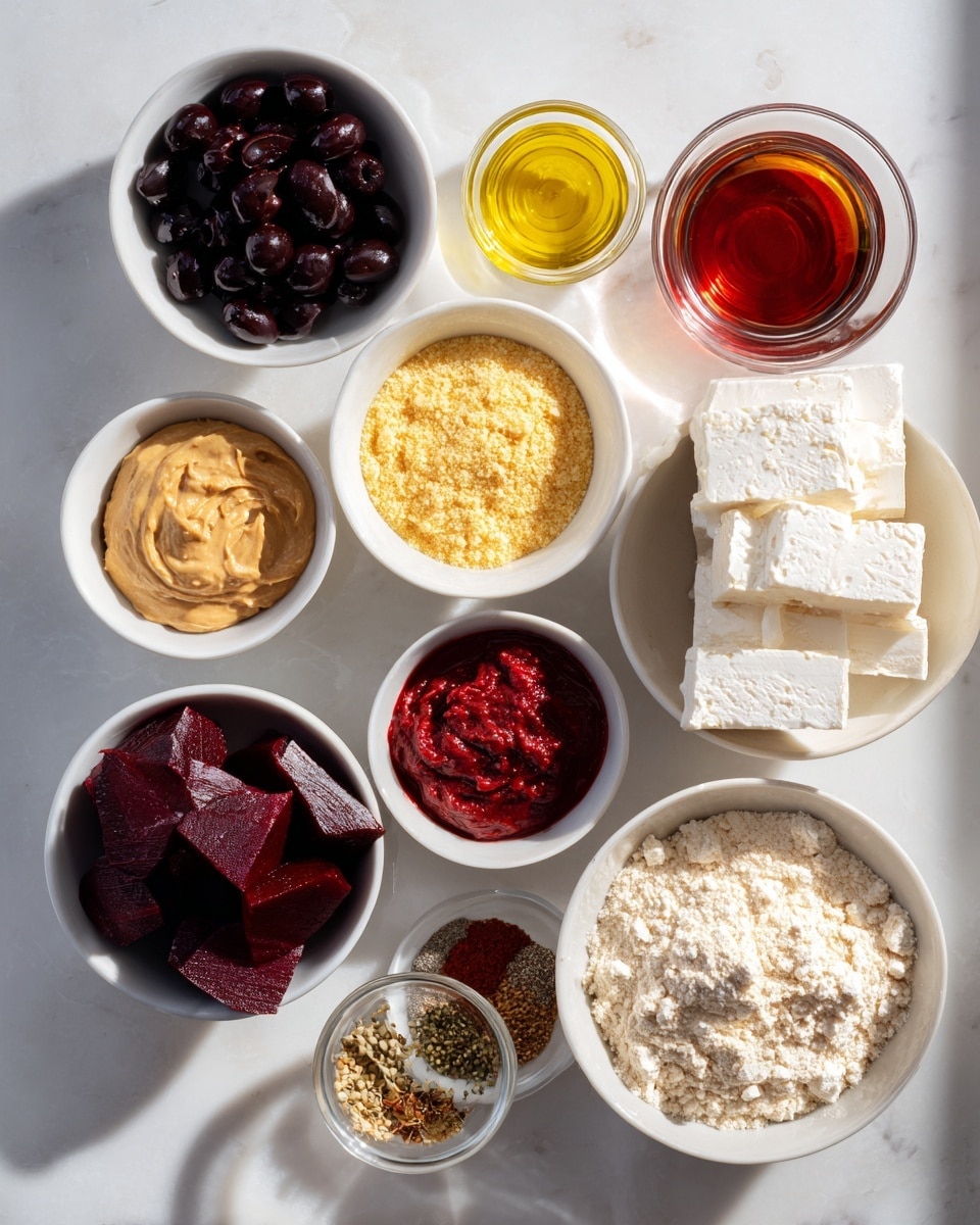 A top-down view shows nine white bowls and small containers arranged on a white marbled surface, each holding different ingredients. The largest bowl at the bottom right is filled with light beige flour, next to it on the left is a small bowl of tan peanut butter. Above these, a bowl contains yellow cornmeal. Moving upwards, a small bowl holds deep red tomato paste with a smooth texture. To the left of this is a bowl filled with shiny black olives. To the right, a glass container has golden olive oil and next to it is another glass container with a bright reddish liquid, possibly vinegar. Above these, a white bowl holds dark red cut pieces of beetroot showing their smooth, moist texture. Another small bowl contains mixed spices with yellow fennel and dark seeds. The top-left bowl contains thick white blocks of tofu. All items are neatly placed with clear separation, well lit with bright natural light, showing vivid colors and textures clearly. Photo taken with an iphone --ar 4:5 --v 7