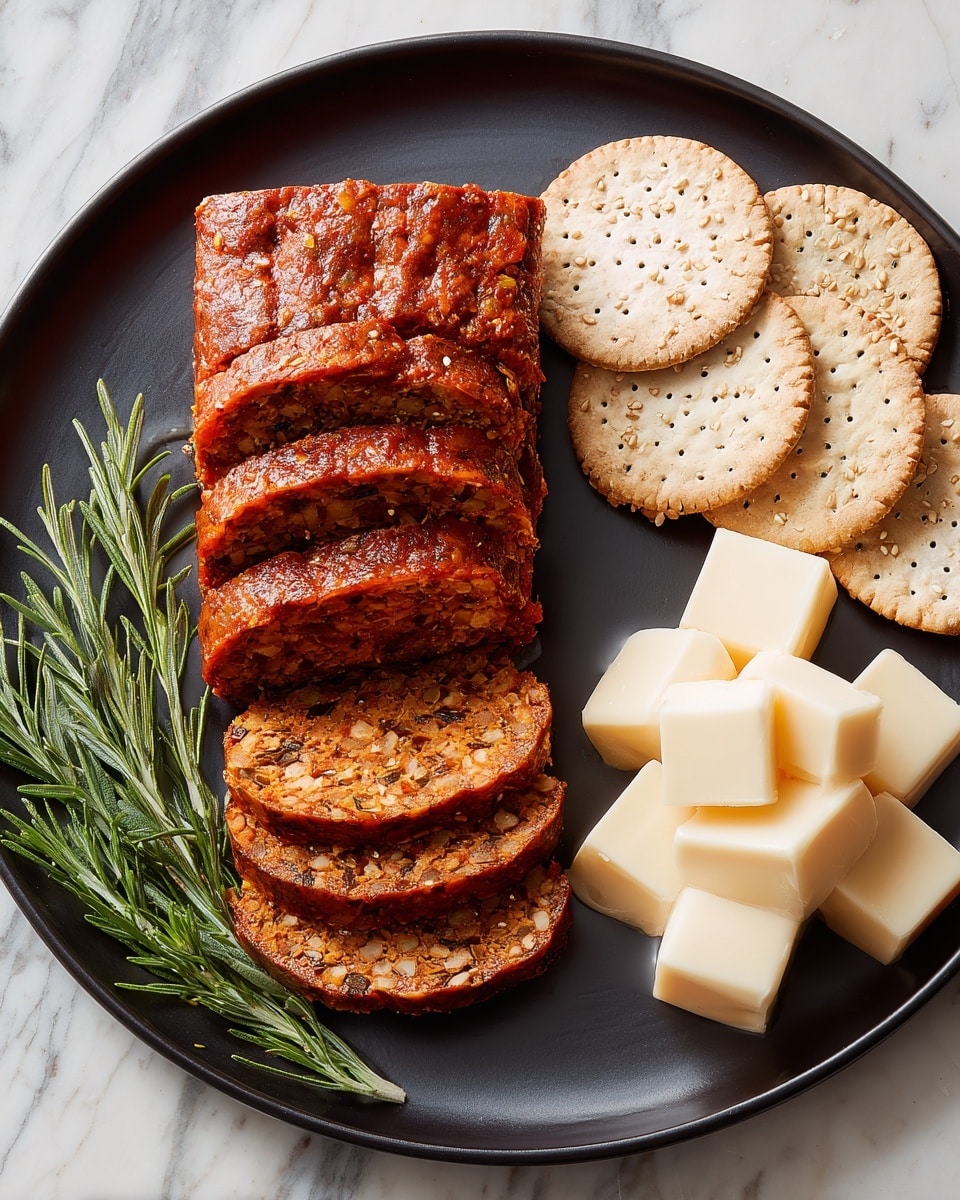 The image shows a dark serving board with a sliced, round log of brownish-red textured meat substitute placed in the center. The log is cut into multiple thick slices, fanning forward slightly. To the right side, there are two stacks of crackers with visible seeds and a group of cube-shaped pale yellow cheese pieces stacked neatly. On the left and bottom side, there are sprigs of fresh green rosemary adding color and texture. The surface underneath is a white marble texture. Photo taken with an iphone --ar 4:5 --v 7