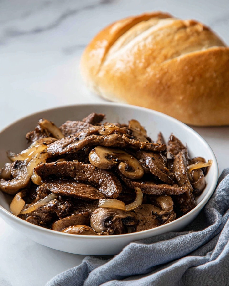 The image shows a close-up of a white pan filled with several layers of cooked dark brown, thin slices of textured seitan mixed closely with light brown sautéed mushroom slices and soft cooked onion pieces. The seitan pieces have a slightly rough texture with small holes and scattered darker seasoning spots, while the mushrooms show a moist, glossy surface. The onions are slightly translucent and mixed evenly throughout the pan. A loaf of golden brown bread with a smooth top crust is placed below the pan on a white marbled surface. A soft light blue cloth is loosely gathered to the right of the pan on the surface. Photo taken with an iphone --ar 4:5 --v 7