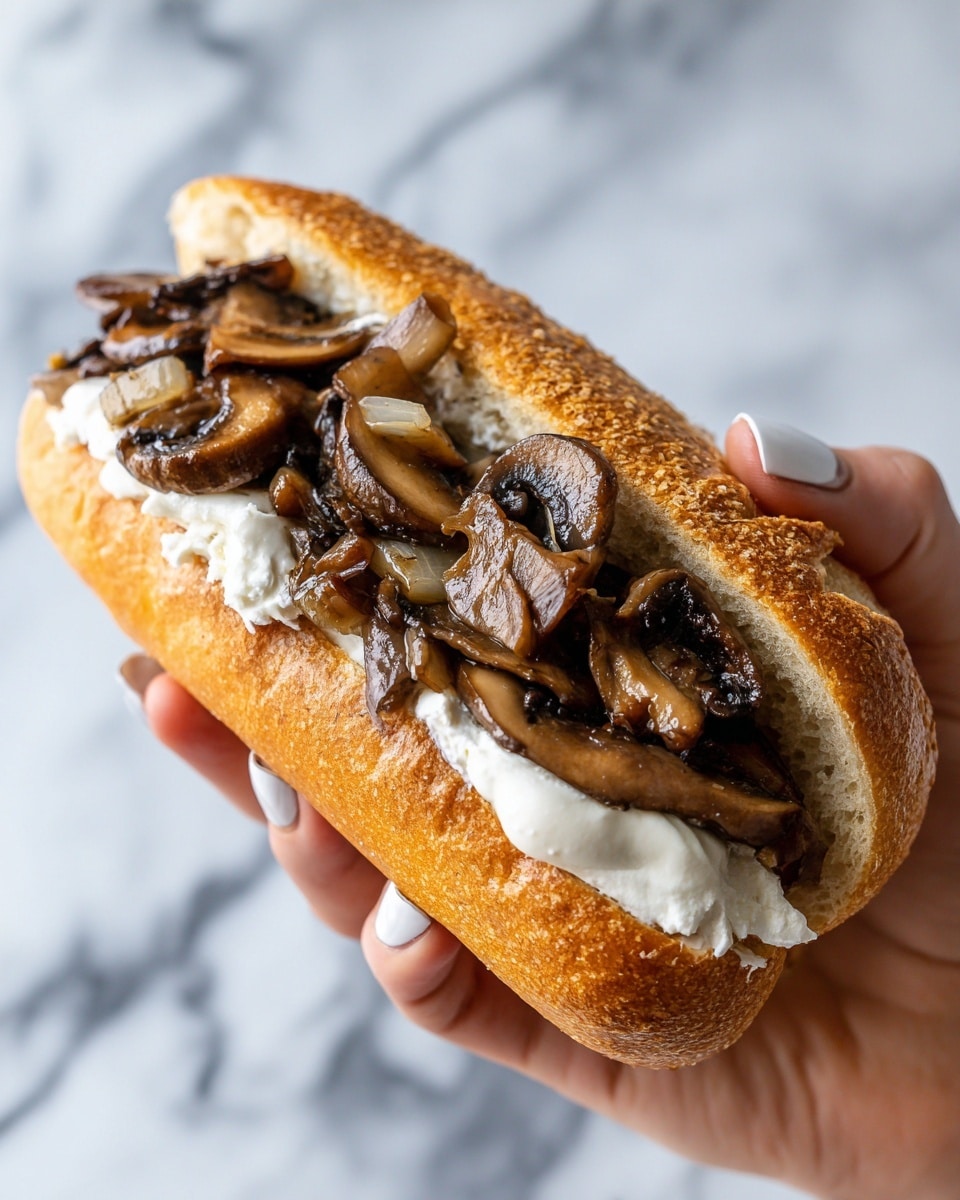 A woman's hand holding a sandwich with a golden brown bun covered in cornmeal. Inside the sandwich, there is a layer of white creamy sauce spread along the inner sides of the bun. The filling is a mix of dark brown cooked mushrooms and onions, with a tender texture and slightly glossy look, piled generously in the center. The background shows a white marbled surface. Photo taken with an iphone --ar 4:5 --v 7