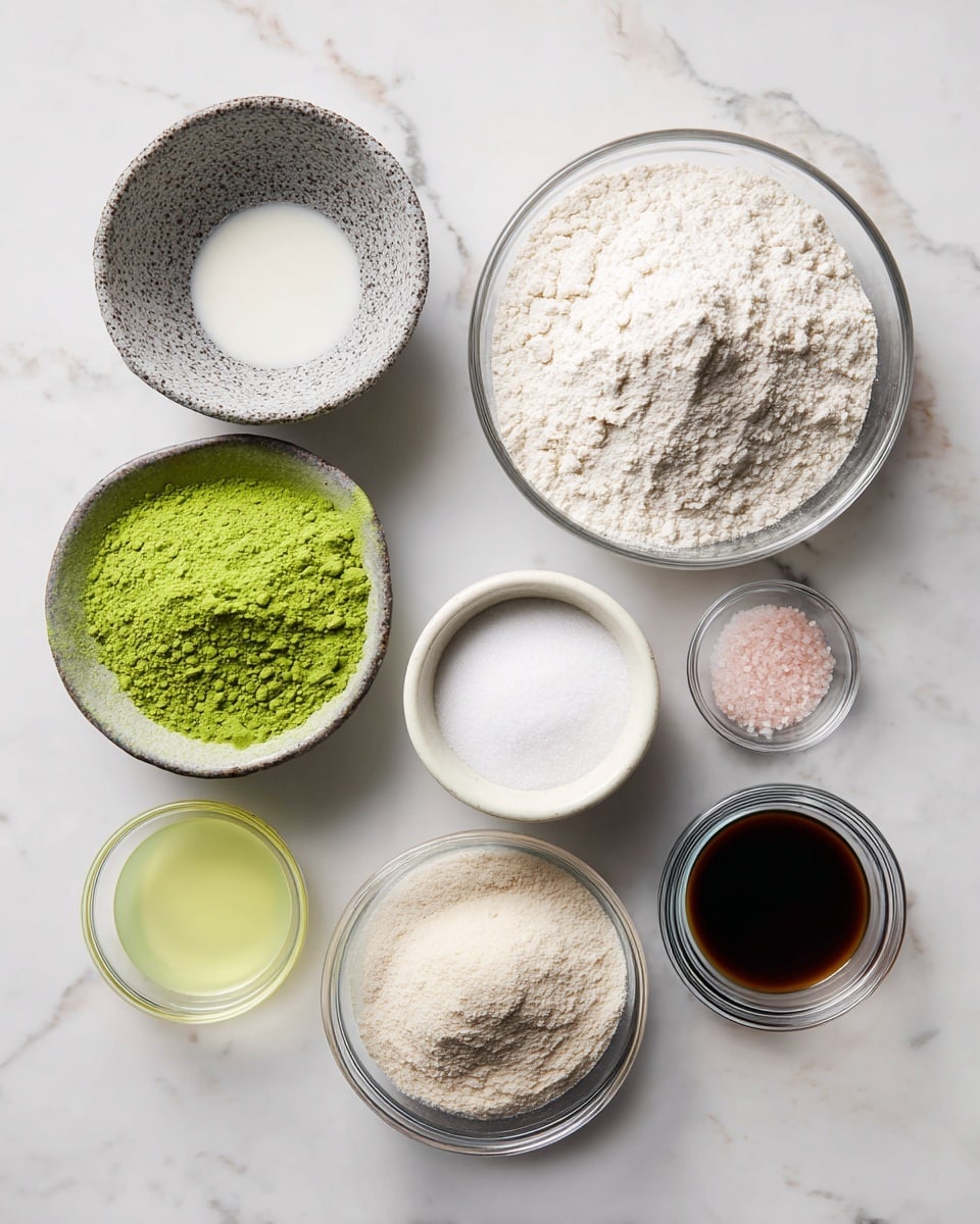 The image shows eight small bowls arranged on a white marbled surface, each containing different ingredients. Starting from the top left, there is a speckled gray bowl filled with a white liquid. To the right is a large clear bowl of white flour. Below the flour bowl is a white cup filled with fine, light beige sugar. Next to the sugar bowl is a smaller glass bowl with white powder and a small amount of pink salt. Above that is a medium-sized glass bowl with bright green matcha powder. To the left of it is a small glass bowl with a light yellow liquid. Diagonally below that is a small bowl with dark vanilla liquid. The bowls are neatly placed and all ingredients clearly visible, emphasizing different colors and textures on the clean white marbled surface. photo taken with an iphone --ar 4:5 --v 7