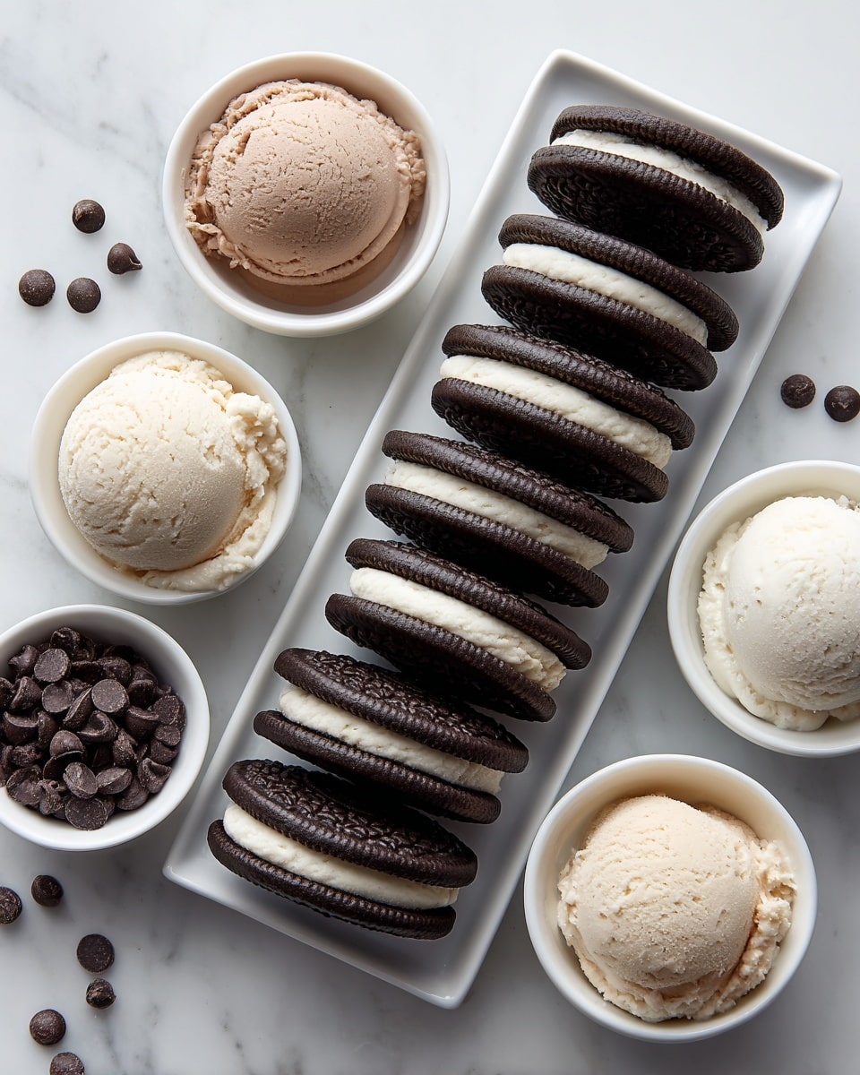 The image shows a white rectangular plate filled with rows of dark chocolate sandwich cookies with white cream in the middle. Around the plate, there are five white bowls placed on a white marbled surface. Two bowls contain smooth, light brown chocolate ice cream, two bowls have creamy pale beige ice cream, and one bowl has white coconut sorbet with a slightly rough texture. Another white bowl is filled with small, round dark chocolate chips, adding a shiny texture. The setup is simple and clean with a focus on the contrast between the dark cookies and chocolate, the pale ice creams, and the white sorbet. photo taken with an iphone --ar 4:5 --v 7