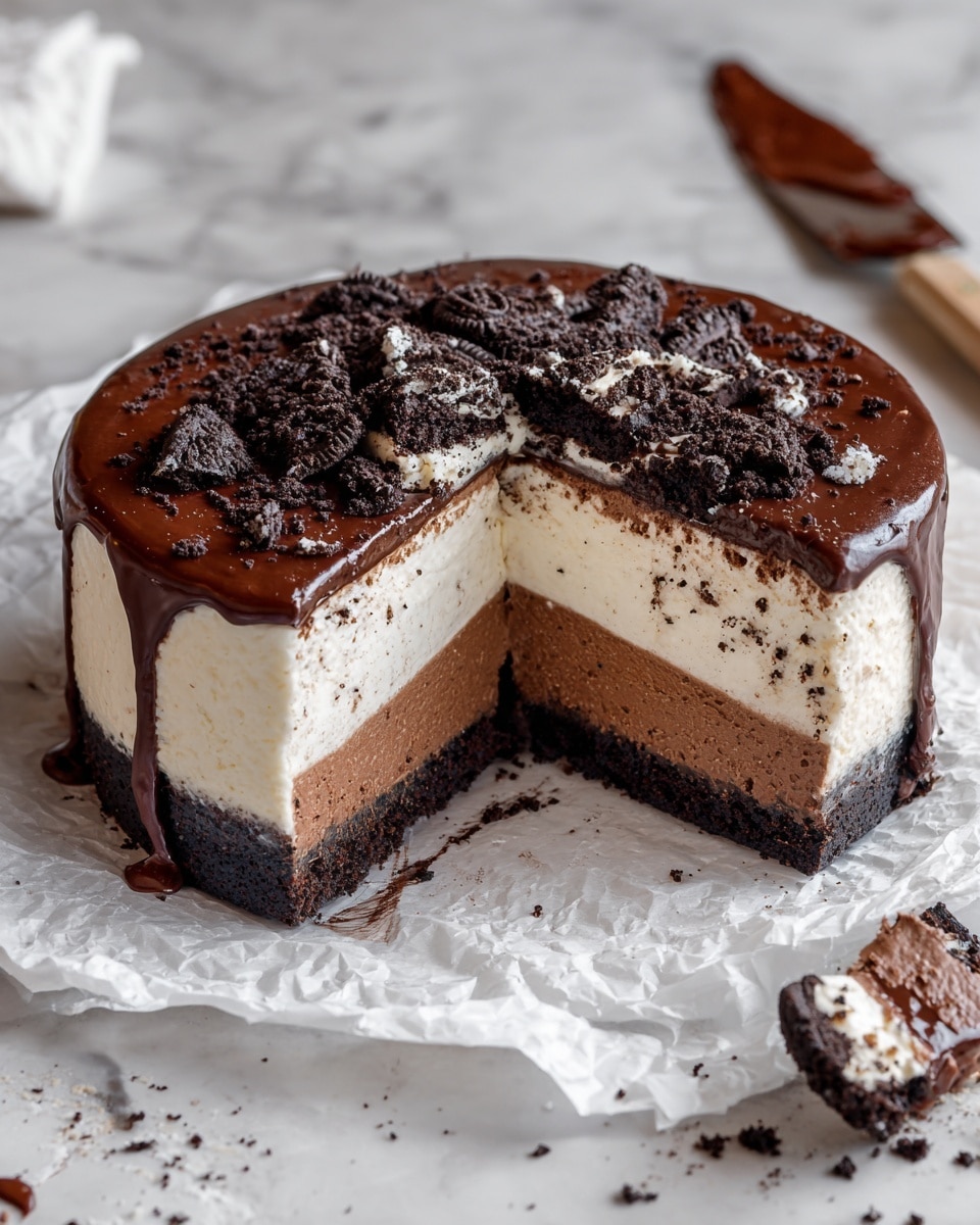 The image shows a round chocolate ice cream cake with one slice removed and placed upright next to it. The cake has three visible layers inside: a dark chocolate crumb outer layer, a middle creamy white layer, and an inner chocolate ice cream center. The top of the cake is covered with a smooth, shiny chocolate glaze sprinkled with small pieces of crushed black cookie bits. The cake rests on crumpled white parchment paper on a white marbled surface. There is a knife with a wooden handle lying above the cake, smeared with chocolate. Some cookie crumbs are scattered around the cake. photo taken with an iphone --ar 4:5 --v 7