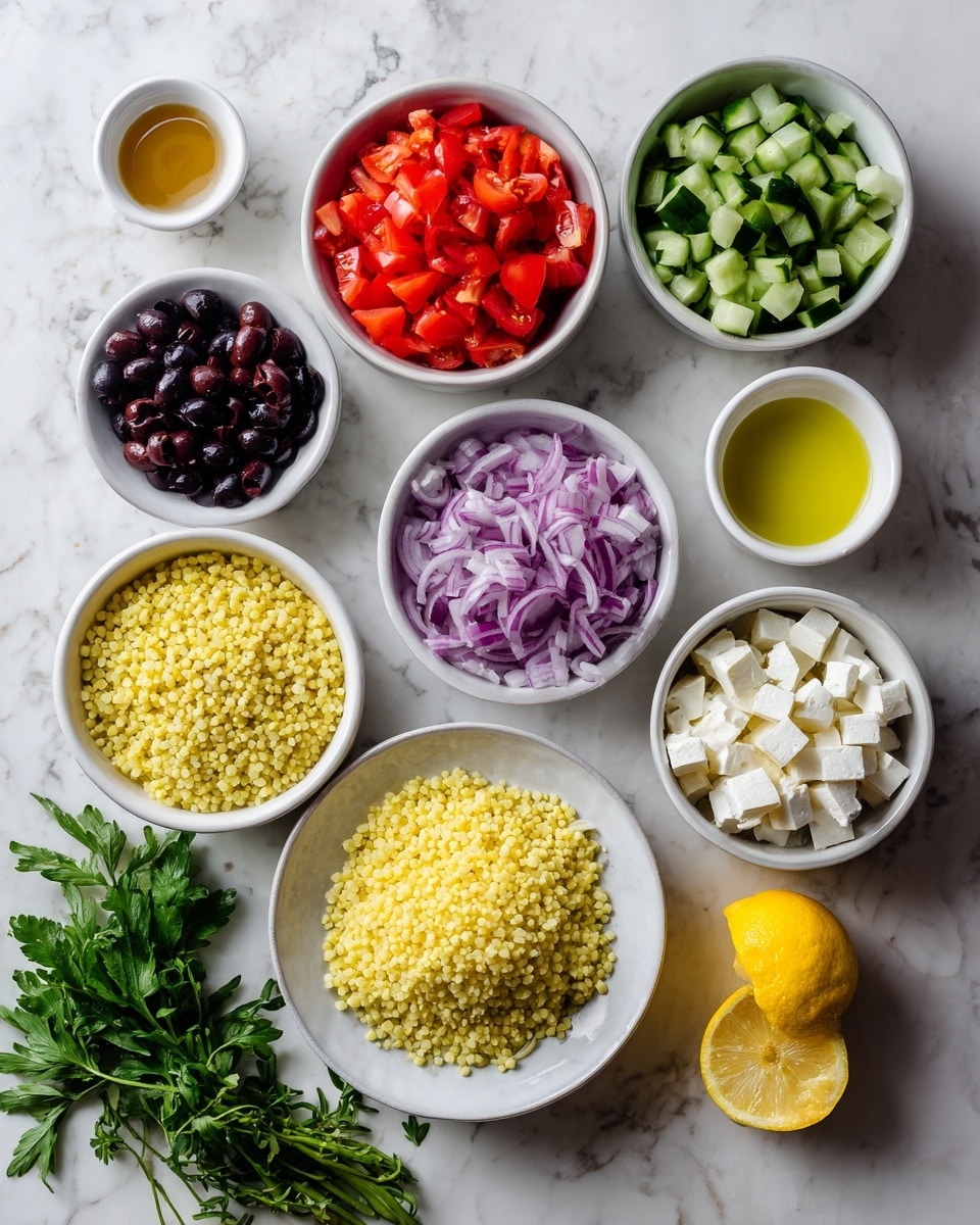 The image shows a flat lay of various ingredients on a white marbled surface. There are nine white bowls arranged around the center, each containing different ingredients: a bowl of bright red chopped tomatoes at the top, a bowl of chopped green cucumber to the right, a bowl filled with small purple chopped red onions below it, a bowl of white cubed feta cheese towards the bottom right, and a bowl of black sliced olives to the left. In the middle is a larger white plate filled with yellow couscous grains. Small white cups hold a light yellow olive oil, and light brown vinegar near the bottom right next to a bright yellow whole lemon. Fresh green herbs are placed loosely at the bottom left, adding vibrant color contrast. The ingredients are all neatly placed and clearly visible, labeled in black text. Photo taken with an iphone --ar 4:5 --v 7
