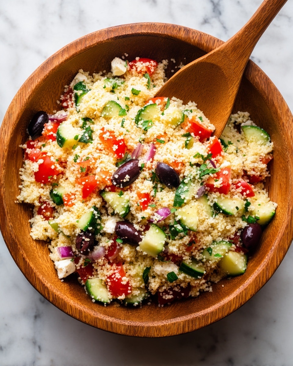A wooden bowl filled with a mixed salad showing 5 main layers: at the base, small light yellow couscous grains, mixed with chopped dark green parsley and light green cucumber pieces, scattered among are chunks of light red tomato and chunks of white cheese; interspersed are whole and sliced black olives and small bits of chopped purple onion. A wooden spoon is placed on the right side inside the bowl, which rests on a white marbled surface. The textures range from soft couscous grains to fresh, juicy vegetables. Photo taken with an iphone --ar 4:5 --v 7