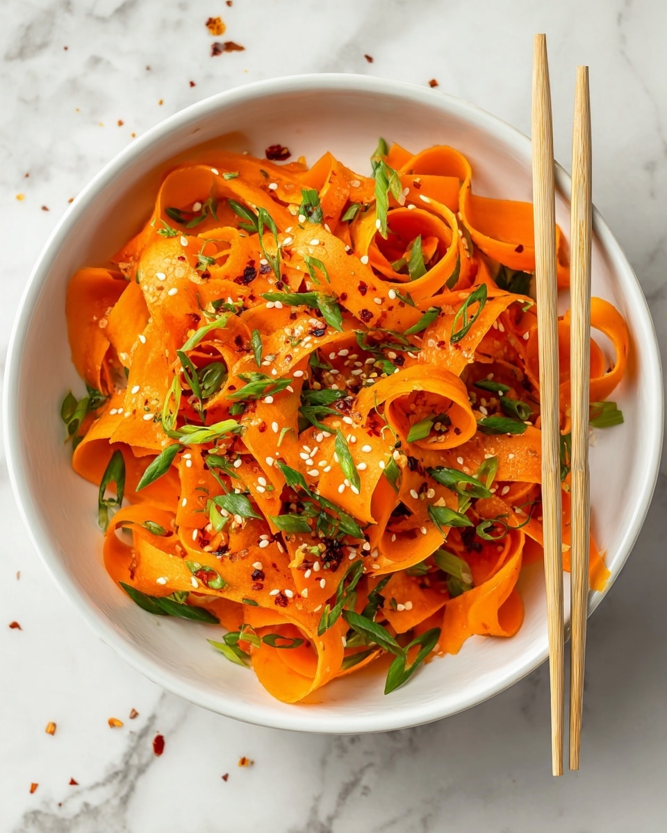 A white bowl filled with thin, wide ribbons of bright orange carrot strips, spread out in loose curls and layers. Scattered on top are small pieces of green onion, adding pops of fresh green color. White sesame seeds and red pepper flakes are sprinkled over the carrot ribbons, giving texture and tiny spots of white and red. A pair of light wooden chopsticks rests on the right edge of the bowl. The bowl sits on a white marbled surface, enhancing the freshness and brightness of the dish. photo taken with an iphone --ar 4:5 --v 7